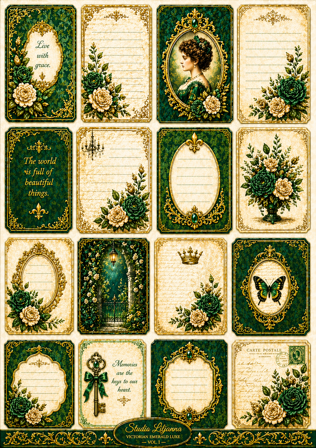 Victorian Emerald Luxe Junk Journal Kit Printable, Emerald Green Vintage Ephemera, Shabby Chic Journal Pages, Digital Download, Studio Liljanna