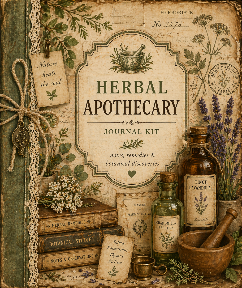 Herbal Apothecary Junk Journal Kit Printable A4, Vintage Botanical Journal Pages, Ephemera Tags Cards Pockets, Digital Download Studio Liljanna