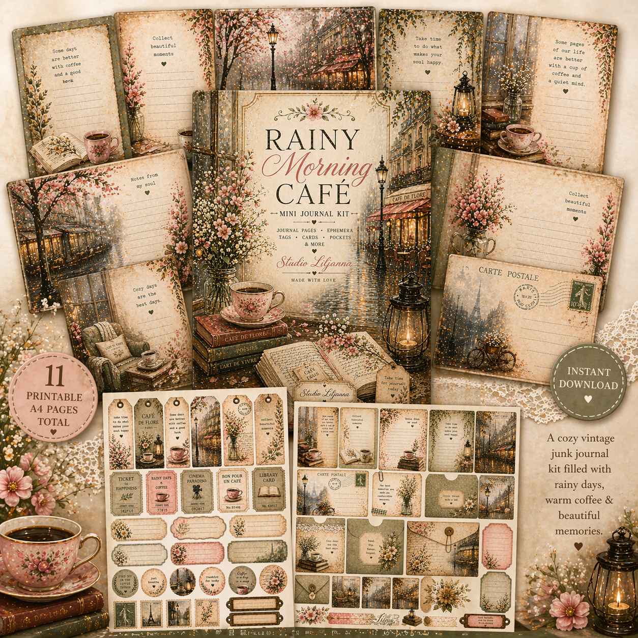 Rainy Morning Café Junk Journal Kit Printable A4, Cozy Vintage Journal Pages, Ephemera Tags Cards Pockets, Digital Download Studio Liljanna