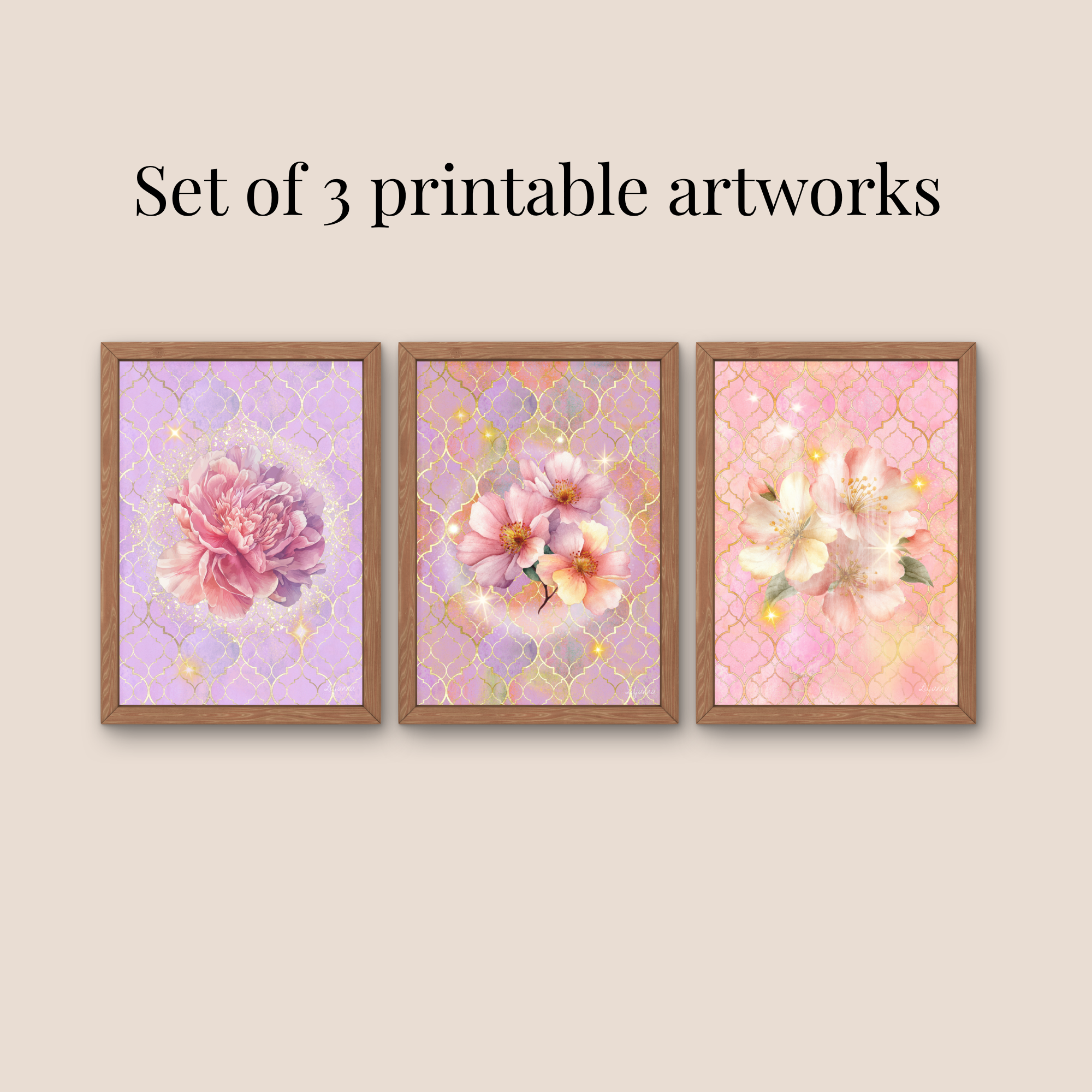 Golden Bloom Printable Wall Art Set (3 Prints) | Soft Pink Floral Decor | Cottagecore Aesthetic | Instant Download