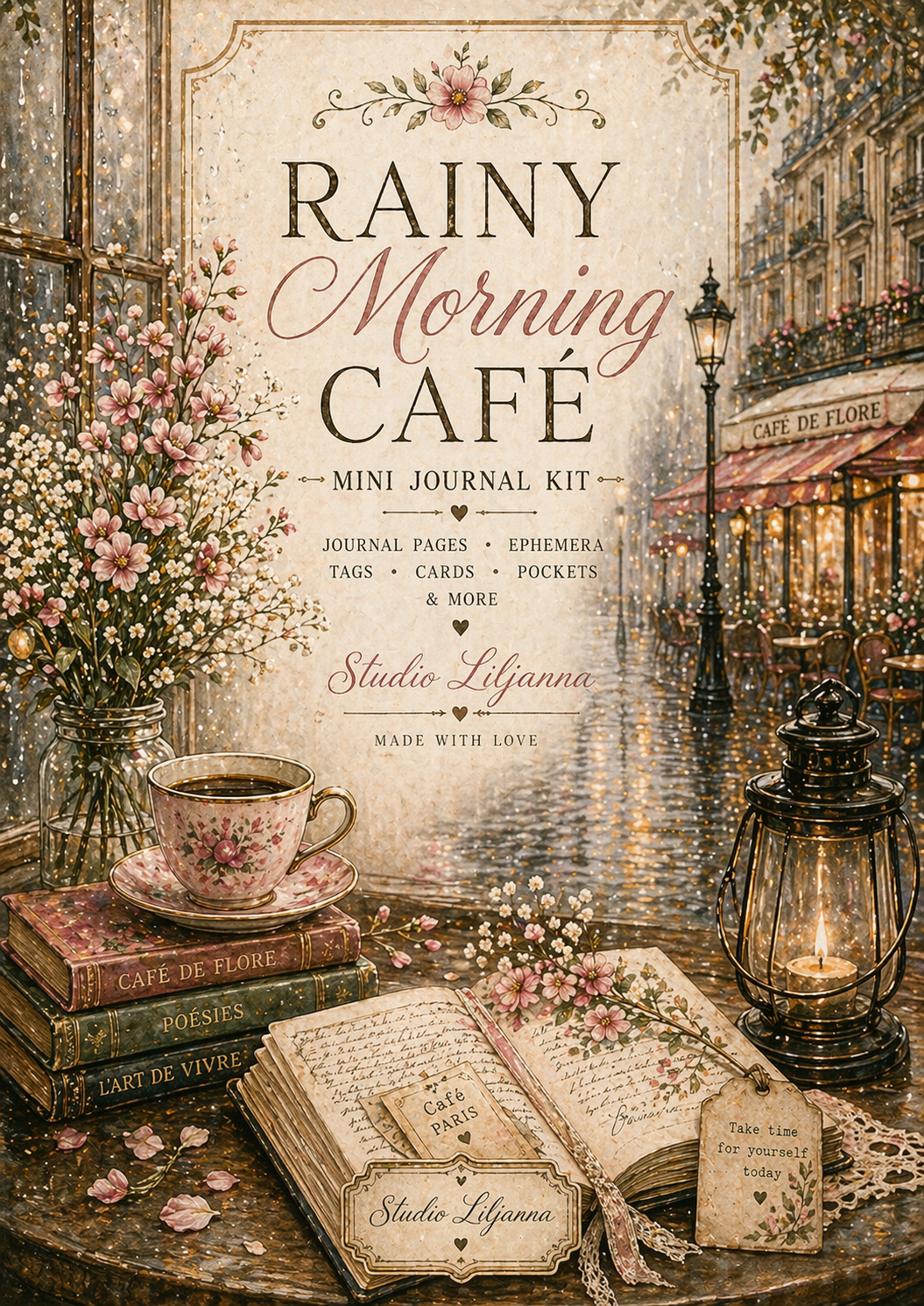 Rainy Morning Café Junk Journal Kit Printable A4, Cozy Vintage Journal Pages, Ephemera Tags Cards Pockets, Digital Download Studio Liljanna