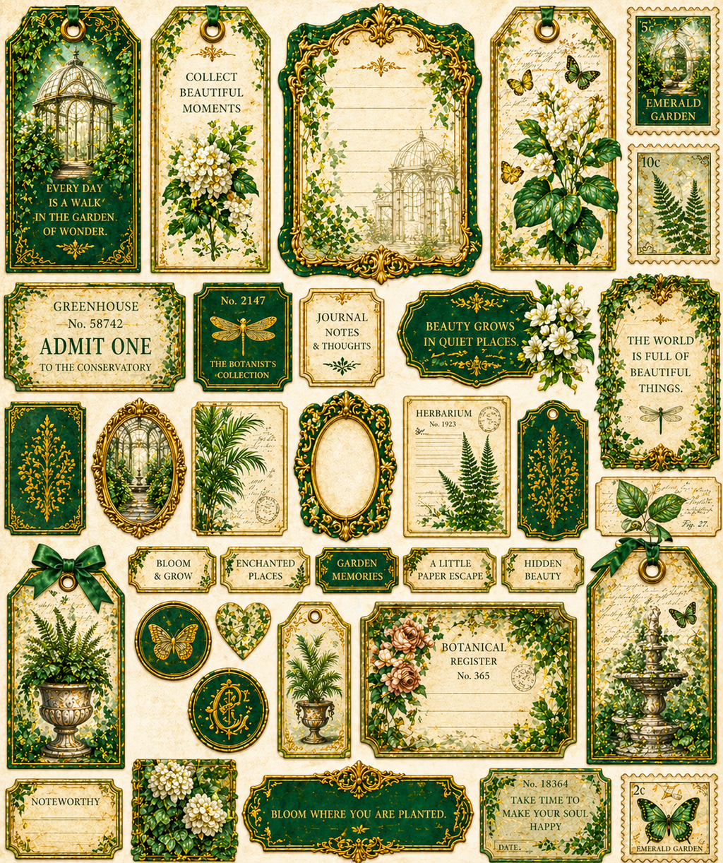 Emerald Garden Printable Junk Journal Kit, Green Victorian Ephemera, Botanical Journal Pages, Vintage Conservatory Kit, A4 Digital Download