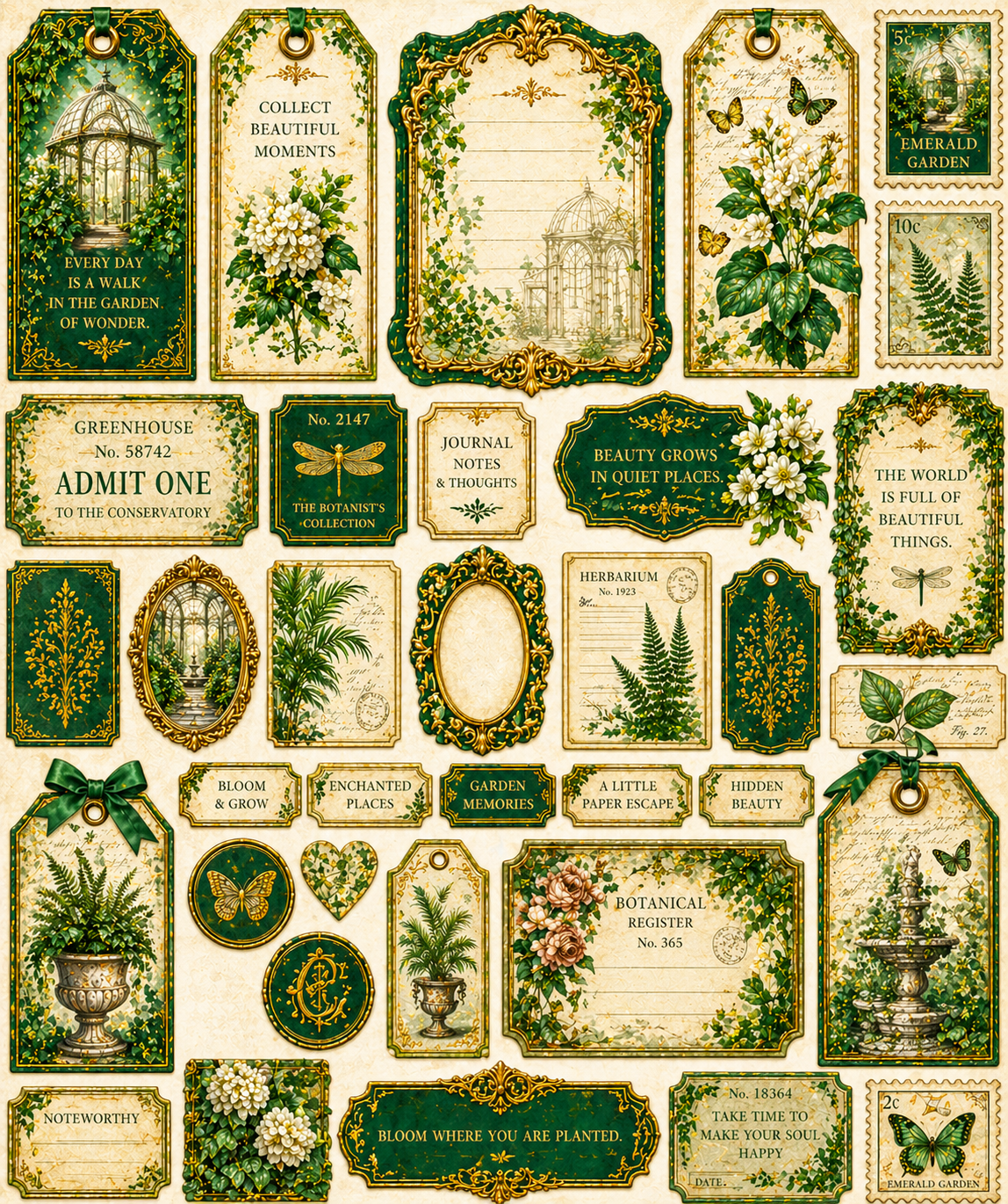 Emerald Garden Printable Junk Journal Kit, Green Victorian Ephemera, Botanical Journal Pages, Vintage Conservatory Kit, A4 Digital Download