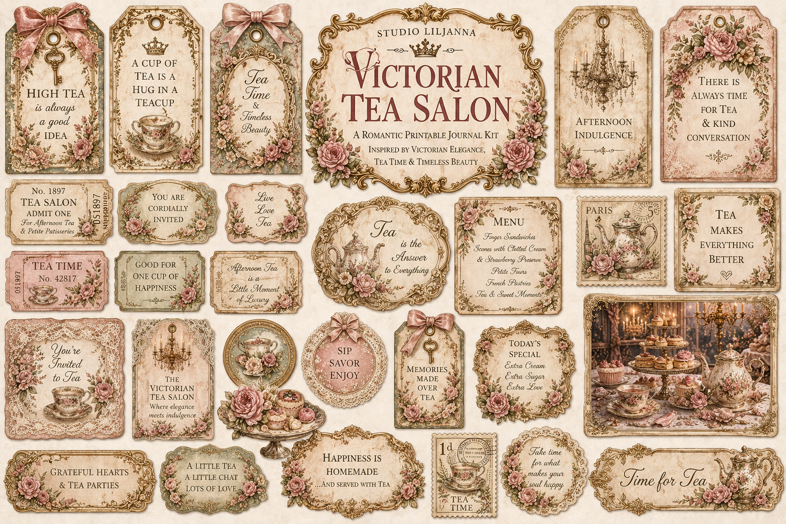 Victorian Tea Salon Printable Junk Journal Kit, Tea Party Ephemera, Vintage Cakes Journal Pages, A4 Digital Download