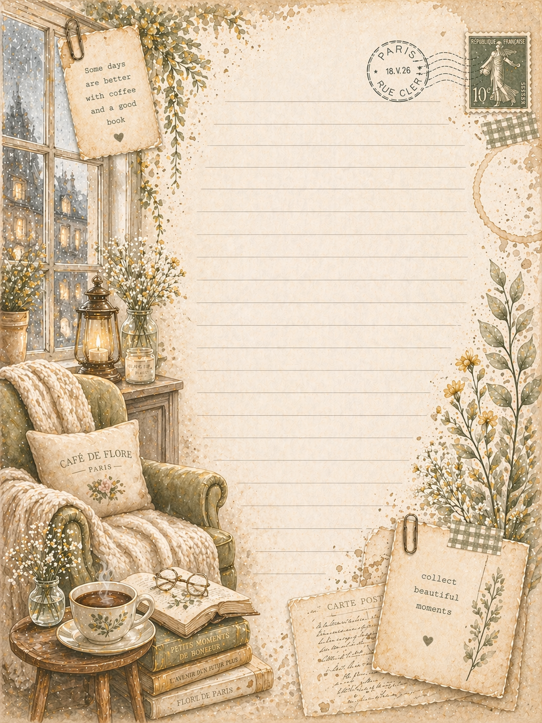 Rainy Morning Café Junk Journal Kit Printable A4, Cozy Vintage Journal Pages, Ephemera Tags Cards Pockets, Digital Download Studio Liljanna