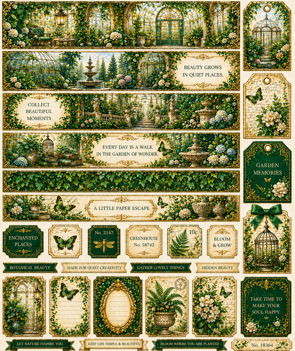 Emerald Garden Printable Junk Journal Kit, Green Victorian Ephemera, Botanical Journal Pages, Vintage Conservatory Kit, A4 Digital Download