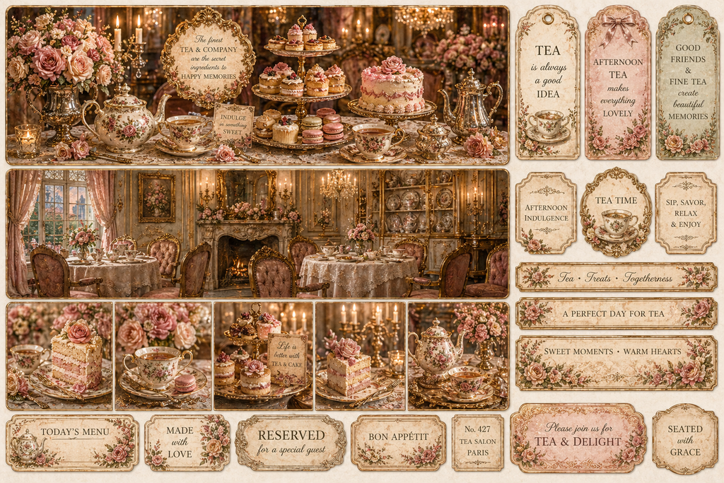 Victorian Tea Salon Printable Junk Journal Kit, Tea Party Ephemera, Vintage Cakes Journal Pages, A4 Digital Download
