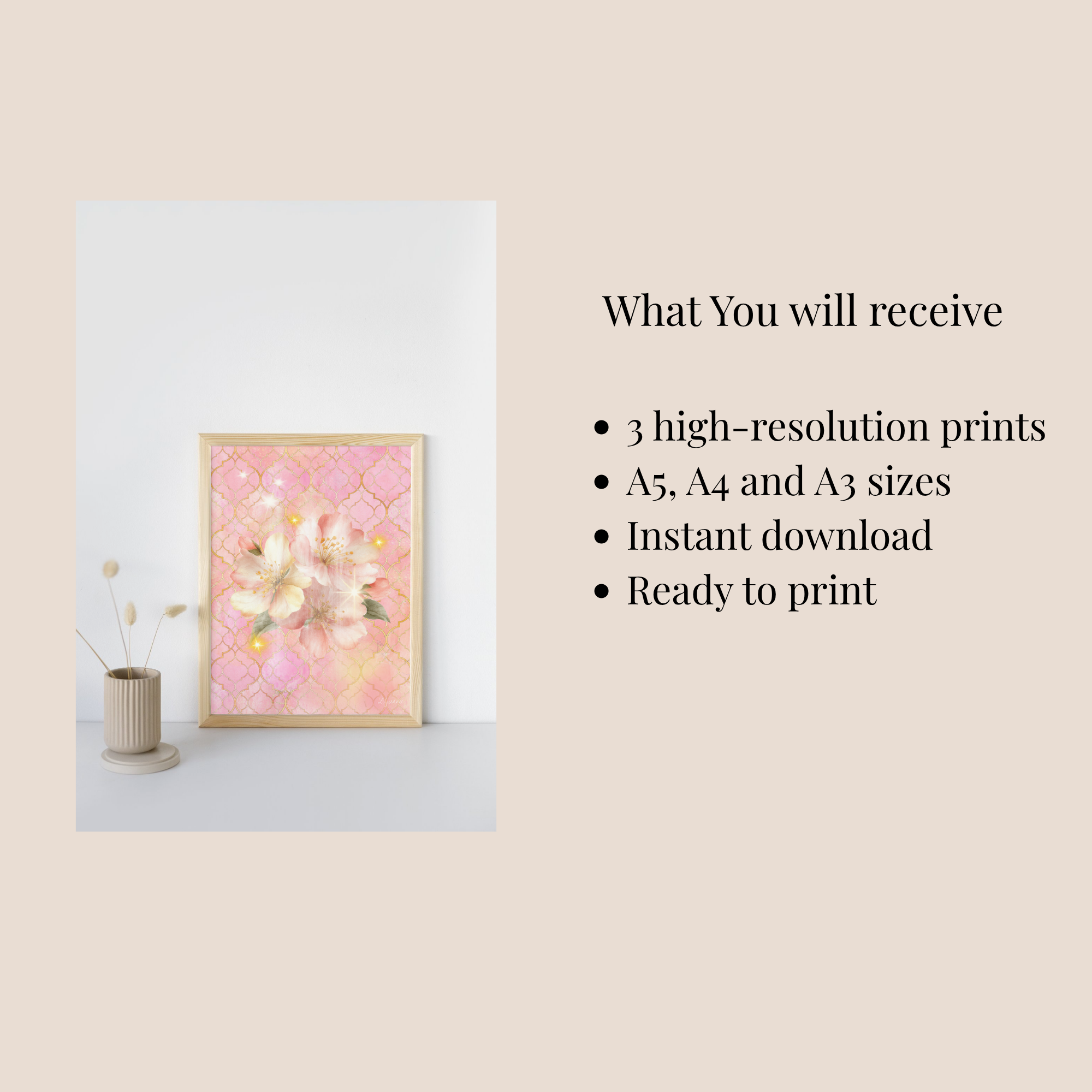 Golden Bloom Printable Wall Art Set (3 Prints) | Soft Pink Floral Decor | Cottagecore Aesthetic | Instant Download
