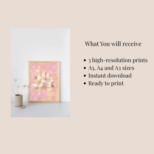 Golden Bloom Printable Wall Art Set (3 Prints) | Soft Pink Floral Decor | Cottagecore Aesthetic | Instant Download
