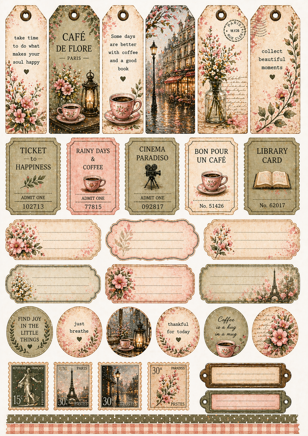 Rainy Morning Café Junk Journal Kit Printable A4, Cozy Vintage Journal Pages, Ephemera Tags Cards Pockets, Digital Download Studio Liljanna
