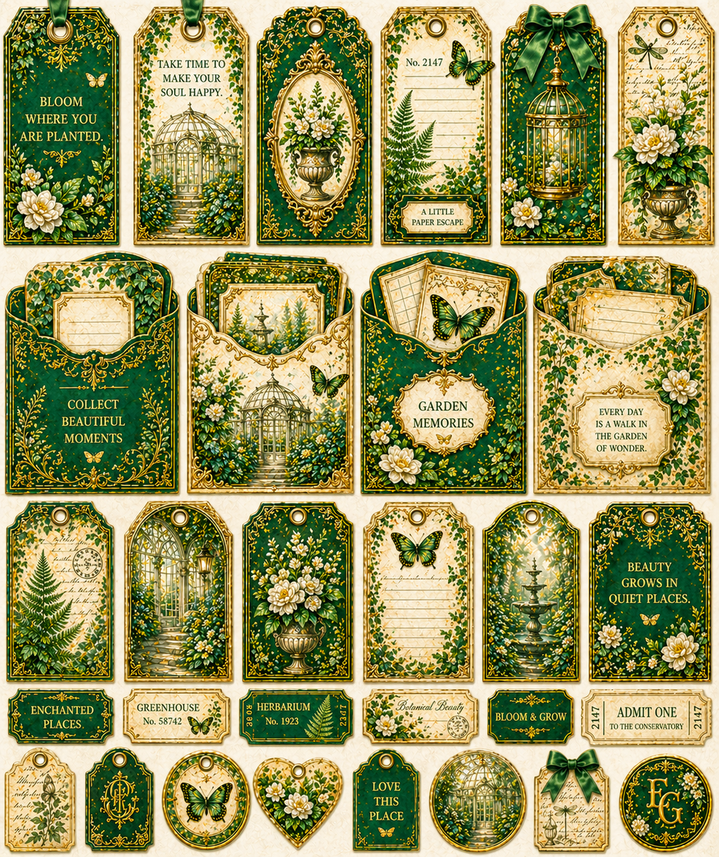 Emerald Garden Printable Junk Journal Kit, Green Victorian Ephemera, Botanical Journal Pages, Vintage Conservatory Kit, A4 Digital Download