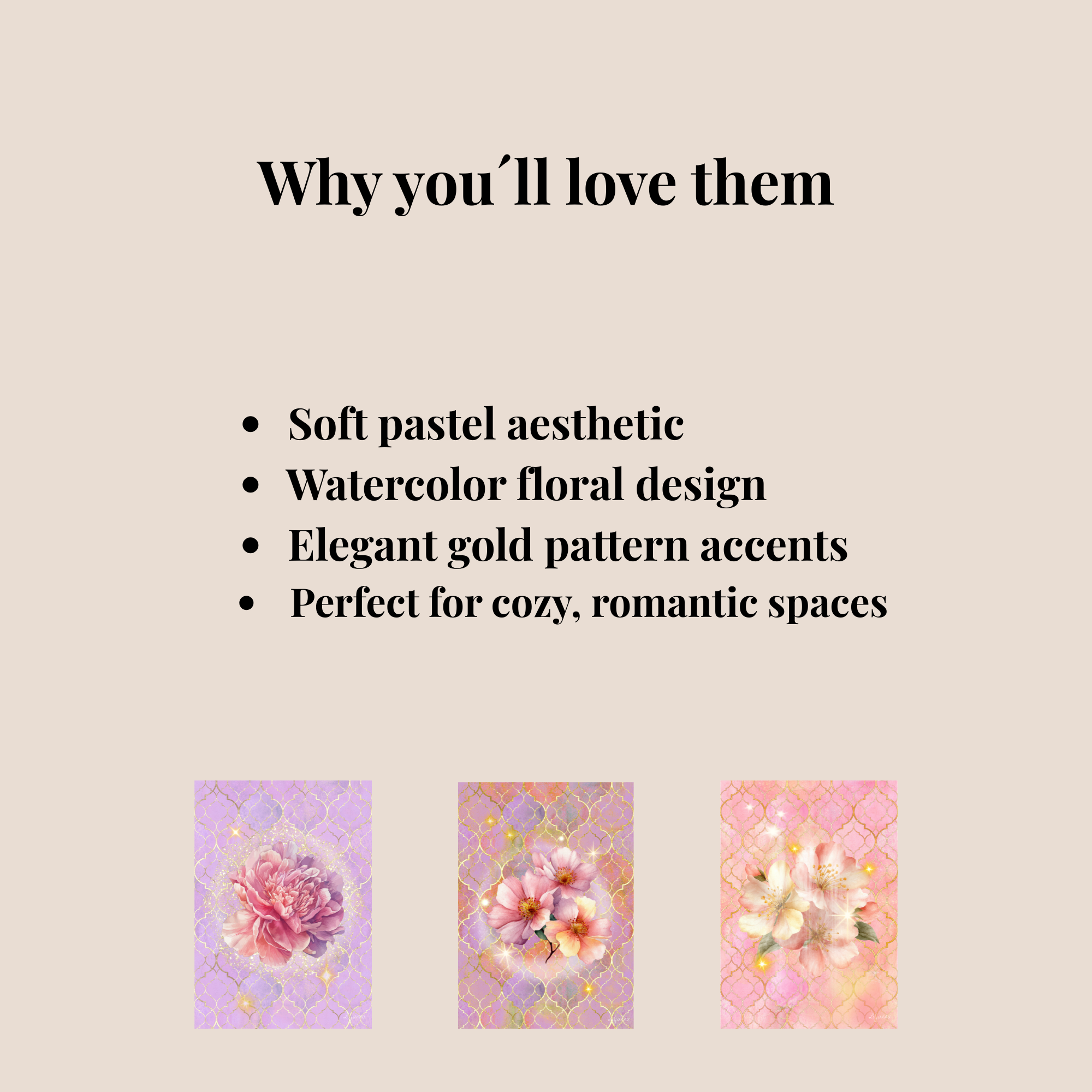 Golden Bloom Printable Wall Art Set (3 Prints) | Soft Pink Floral Decor | Cottagecore Aesthetic | Instant Download