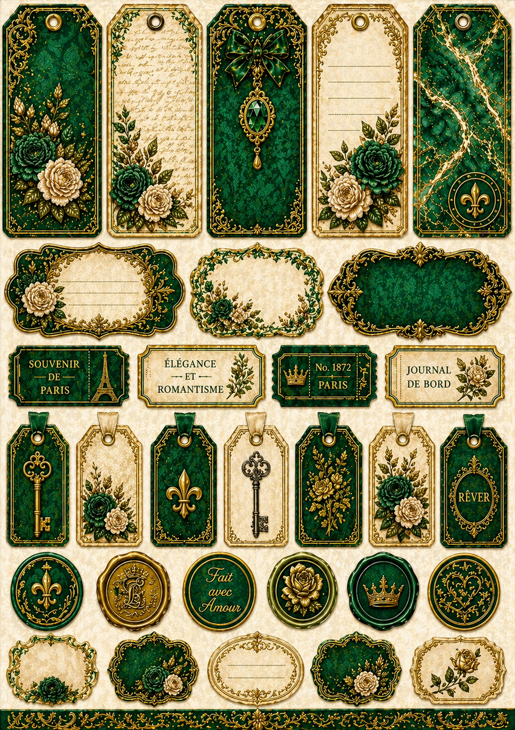 Victorian Emerald Luxe Junk Journal Kit Printable, Emerald Green Vintage Ephemera, Shabby Chic Journal Pages, Digital Download, Studio Liljanna