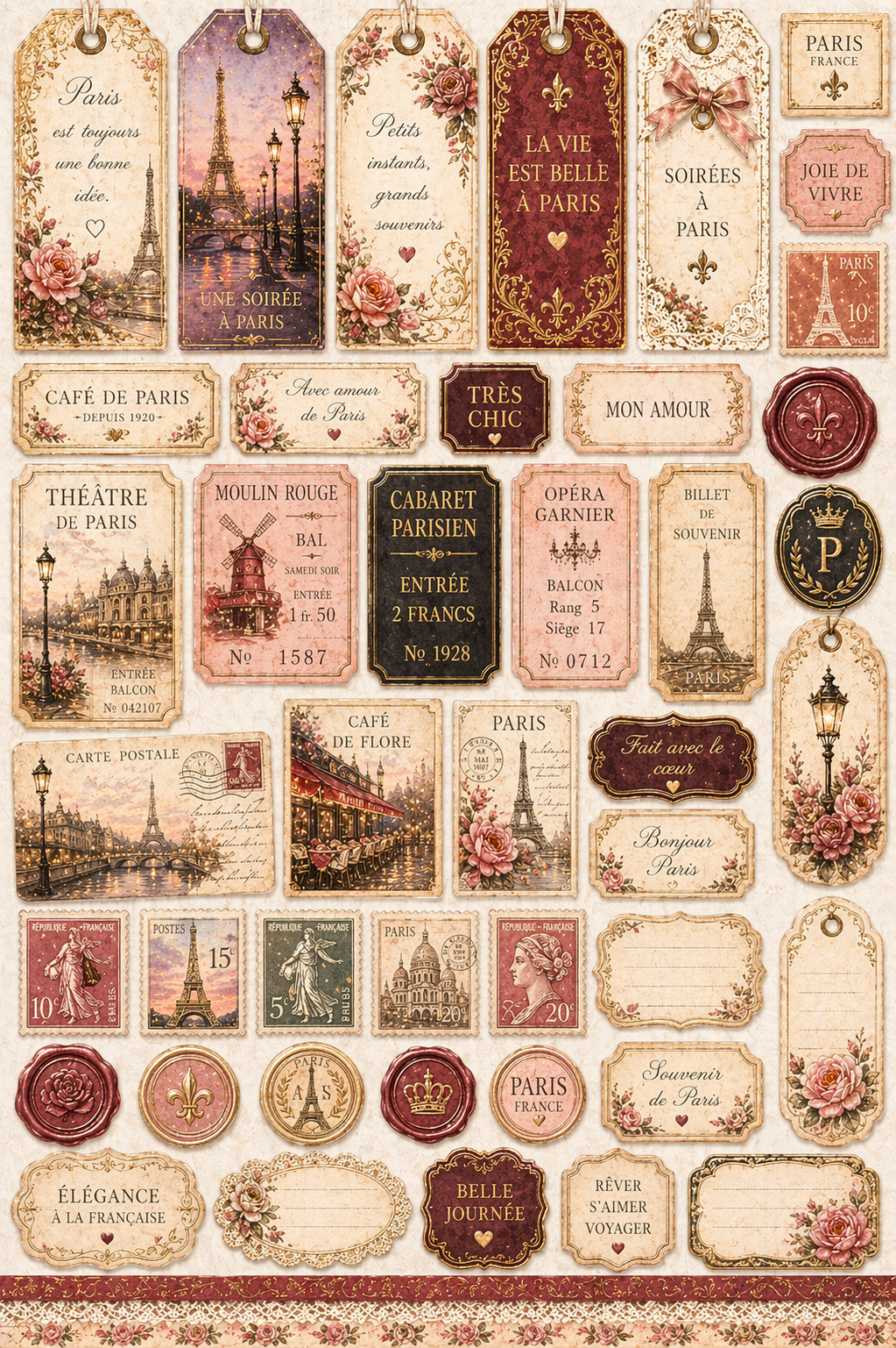 Parisian Evening V2 Junk Journal Kit Printable A4, Paris Ephemera Bundle, Romantic Vintage Journal Pages, Shabby Chic Digital Download