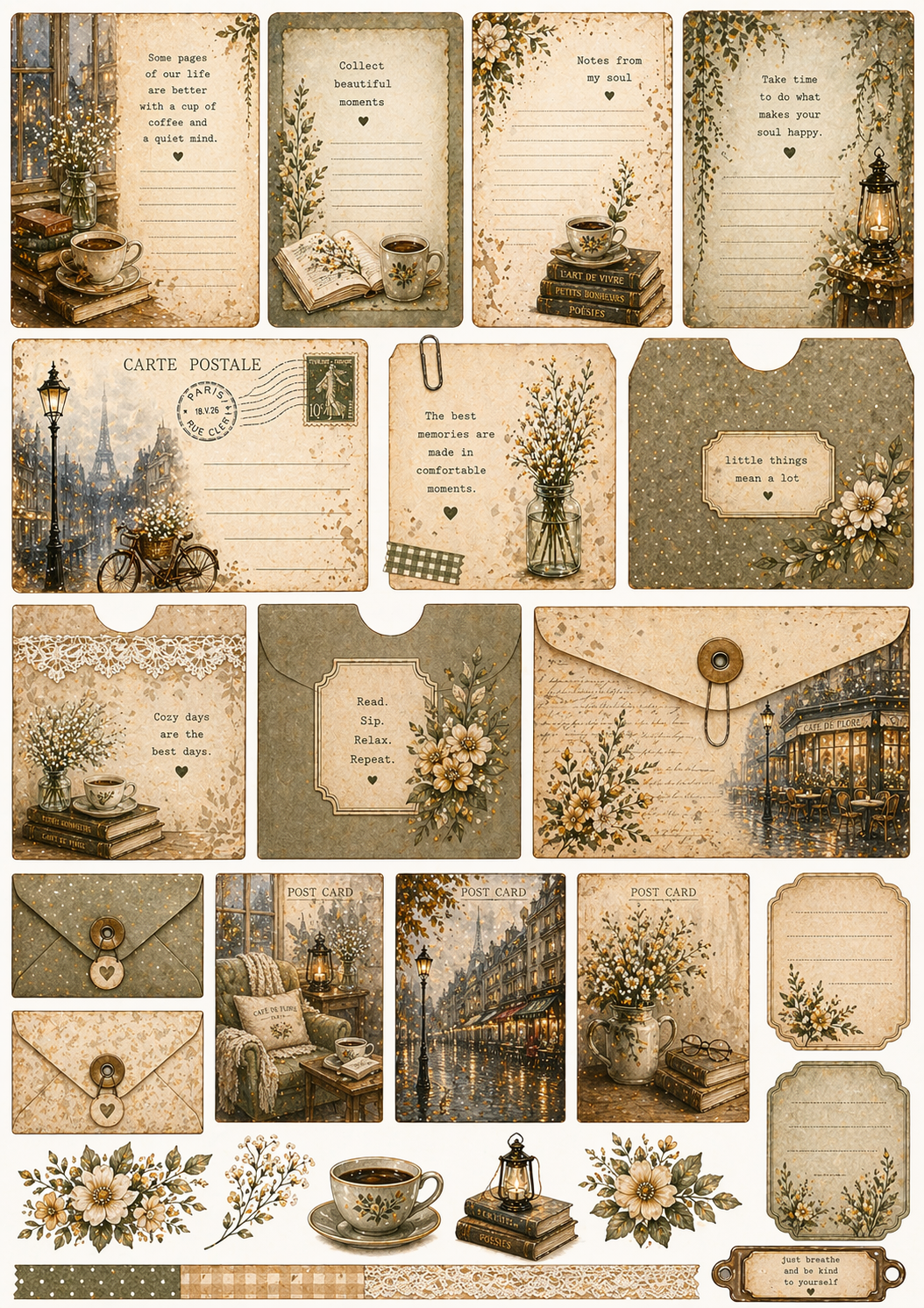 Rainy Morning Café Junk Journal Kit Printable A4, Cozy Vintage Journal Pages, Ephemera Tags Cards Pockets, Digital Download Studio Liljanna
