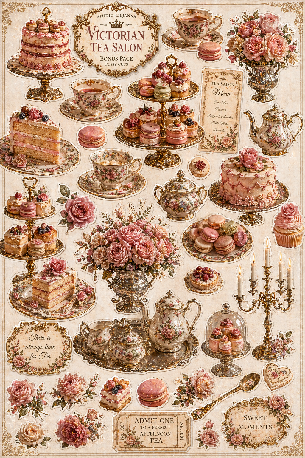 Victorian Tea Salon Printable Junk Journal Kit, Tea Party Ephemera, Vintage Cakes Journal Pages, A4 Digital Download