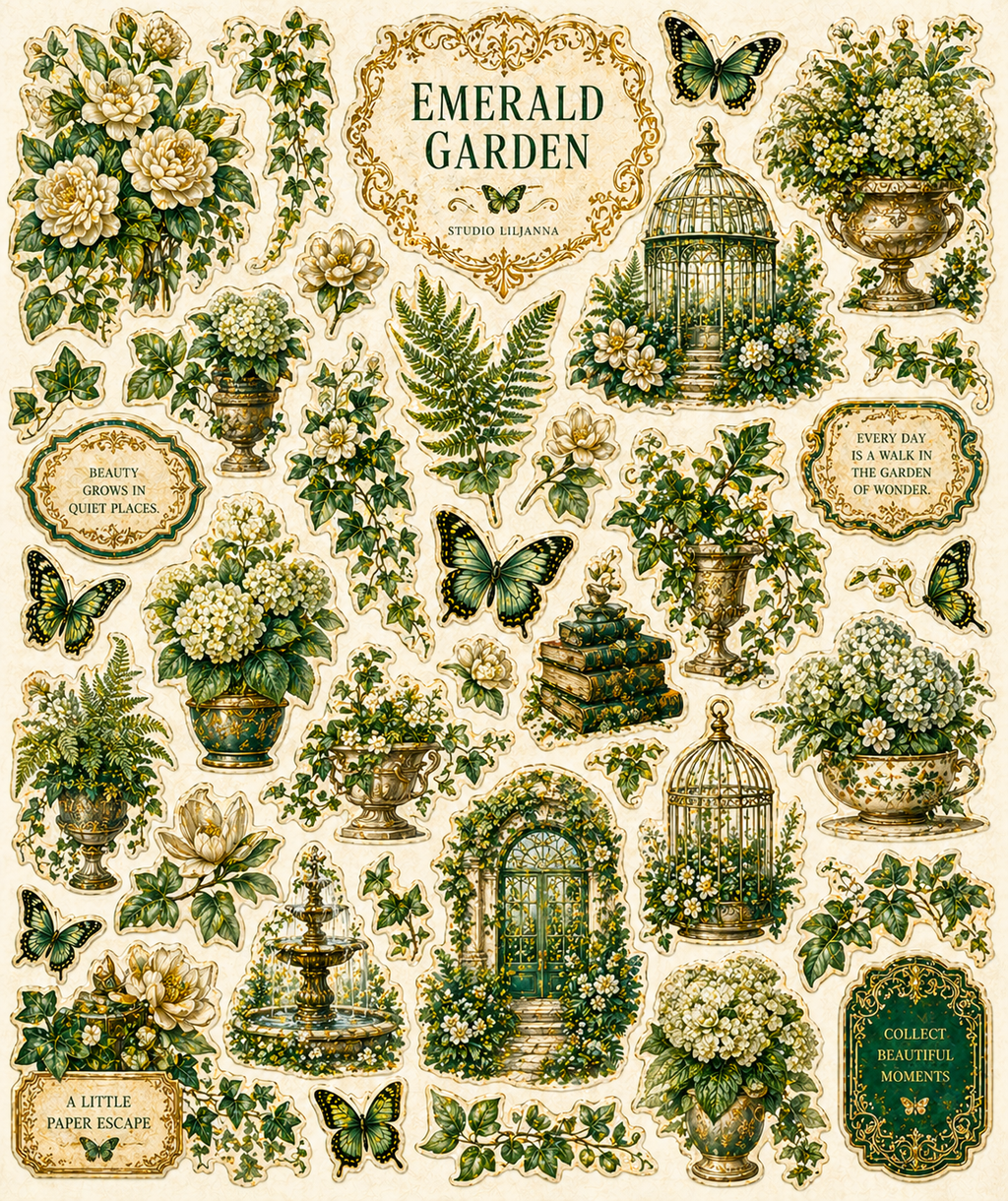 Emerald Garden Printable Junk Journal Kit, Green Victorian Ephemera, Botanical Journal Pages, Vintage Conservatory Kit, A4 Digital Download