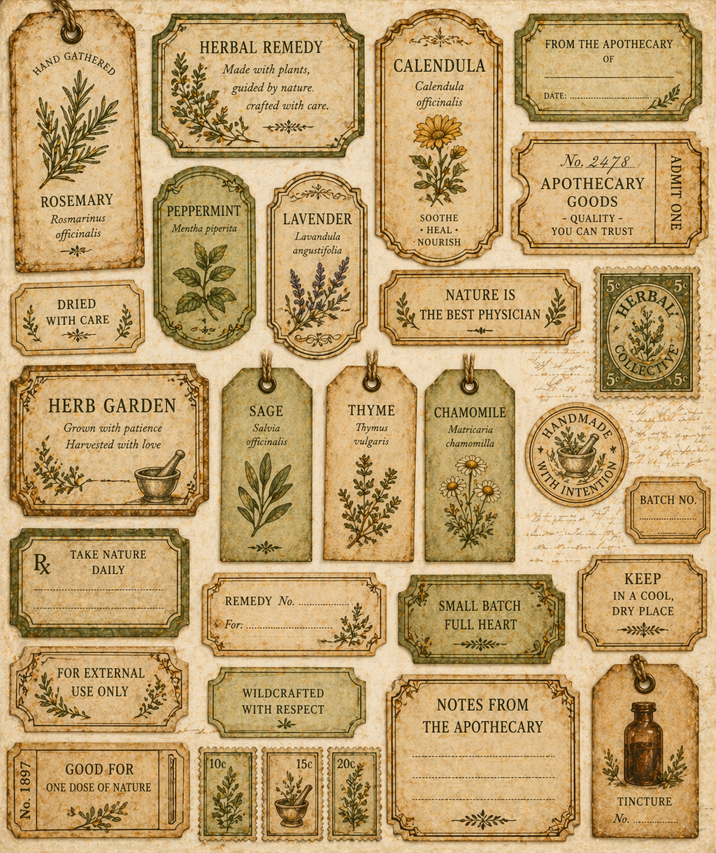 Herbal Apothecary Junk Journal Kit Printable A4, Vintage Botanical Journal Pages, Ephemera Tags Cards Pockets, Digital Download Studio Liljanna