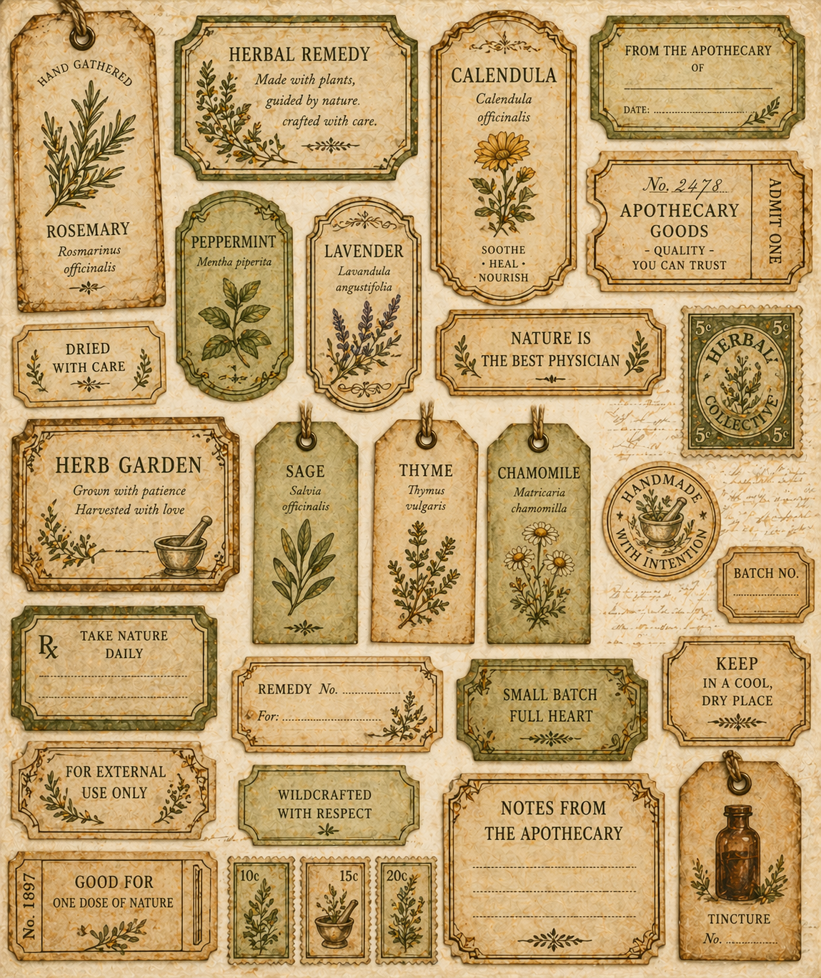 Herbal Apothecary Junk Journal Kit Printable A4, Vintage Botanical Journal Pages, Ephemera Tags Cards Pockets, Digital Download Studio Liljanna