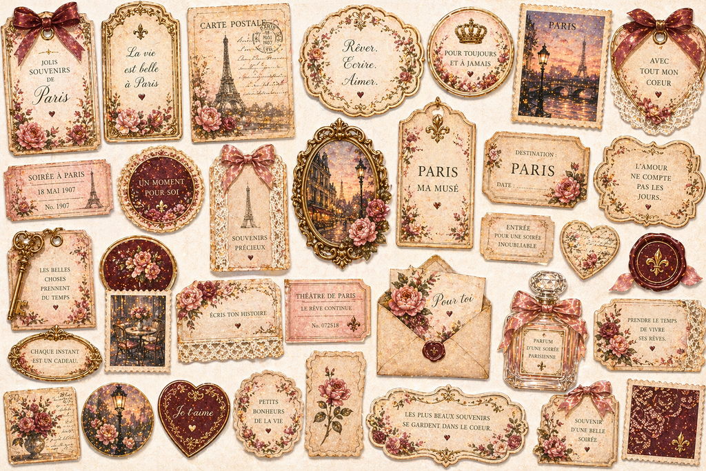 Parisian Evening V2 Junk Journal Kit Printable A4, Paris Ephemera Bundle, Romantic Vintage Journal Pages, Shabby Chic Digital Download