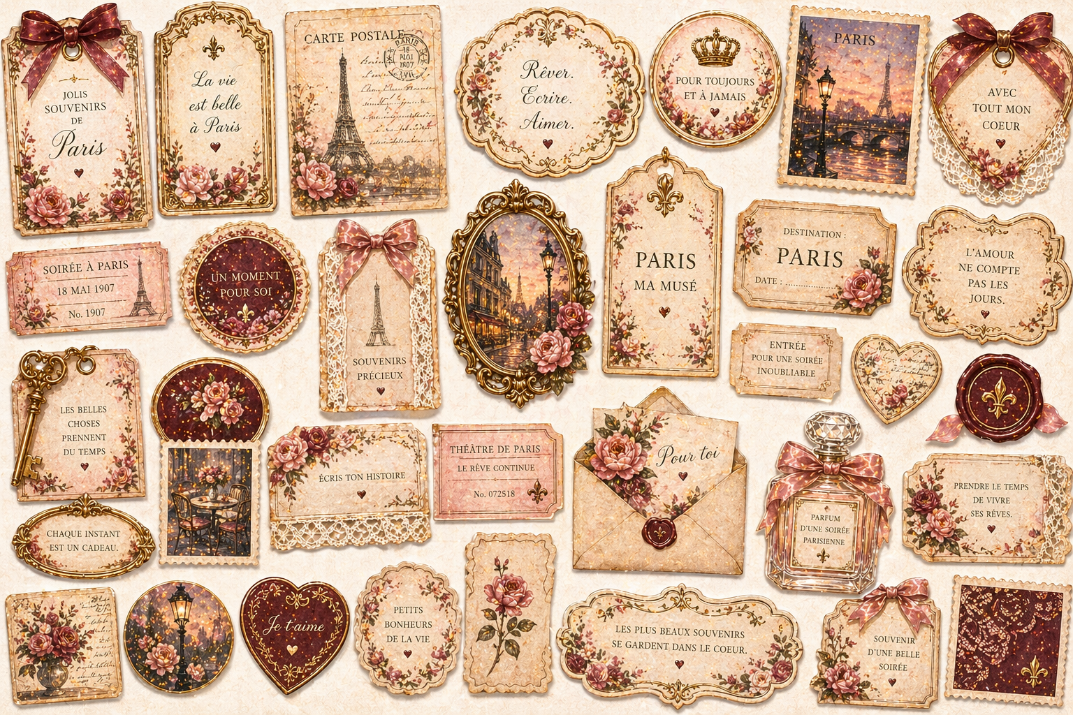 Parisian Evening V2 Junk Journal Kit Printable A4, Paris Ephemera Bundle, Romantic Vintage Journal Pages, Shabby Chic Digital Download