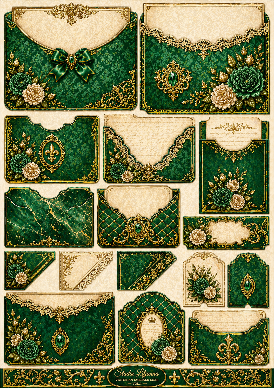 Victorian Emerald Luxe Junk Journal Kit Printable, Emerald Green Vintage Ephemera, Shabby Chic Journal Pages, Digital Download, Studio Liljanna