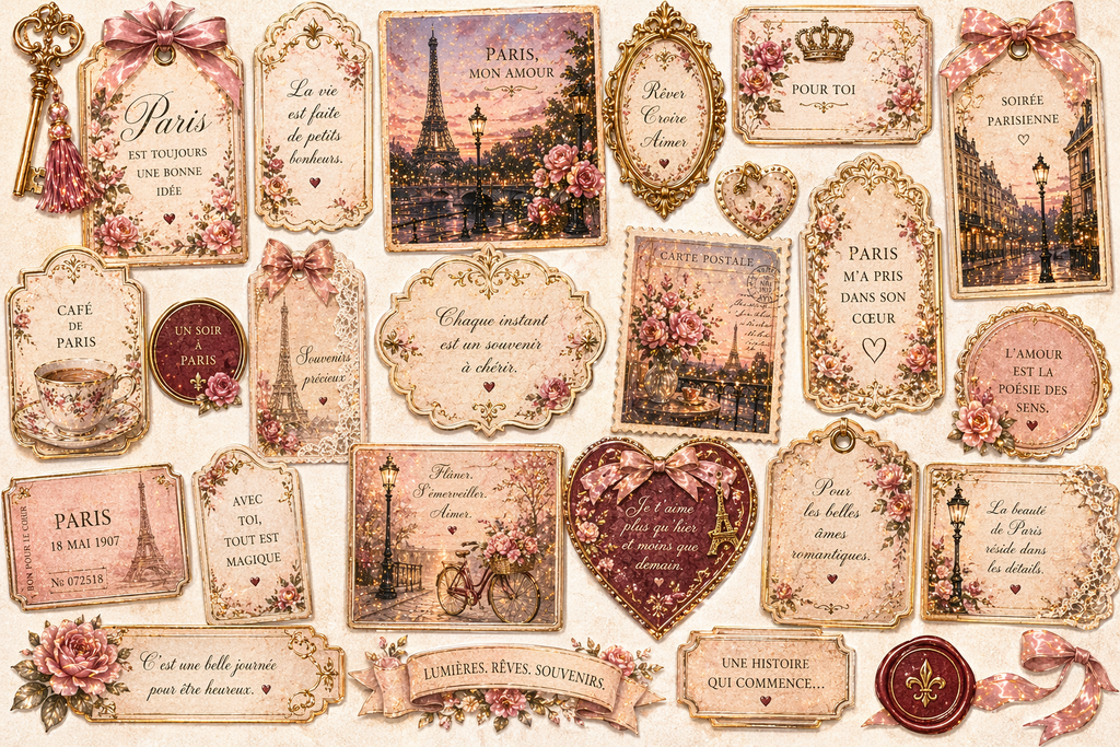 Parisian Evening V2 Junk Journal Kit Printable A4, Paris Ephemera Bundle, Romantic Vintage Journal Pages, Shabby Chic Digital Download