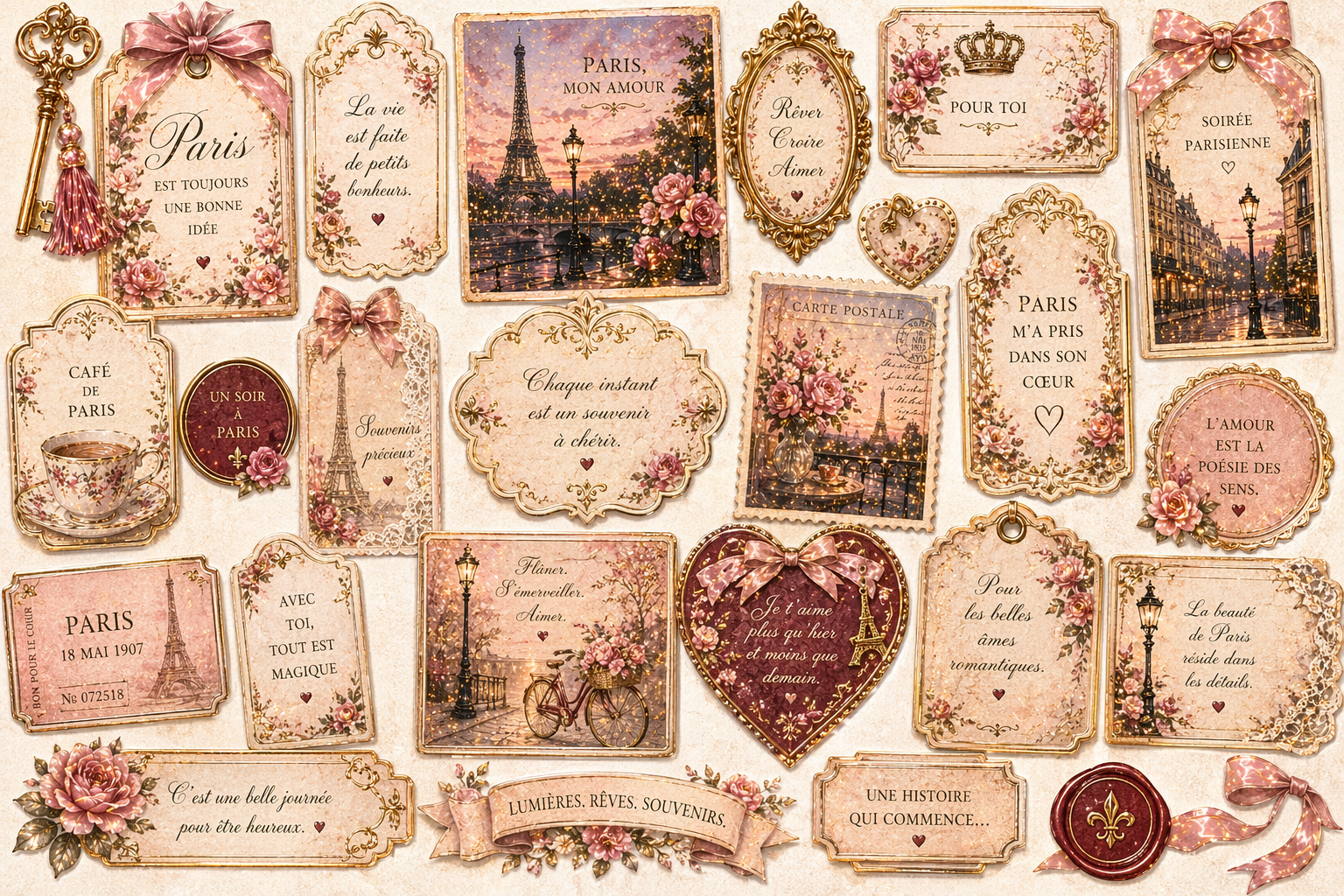 Parisian Evening V2 Junk Journal Kit Printable A4, Paris Ephemera Bundle, Romantic Vintage Journal Pages, Shabby Chic Digital Download