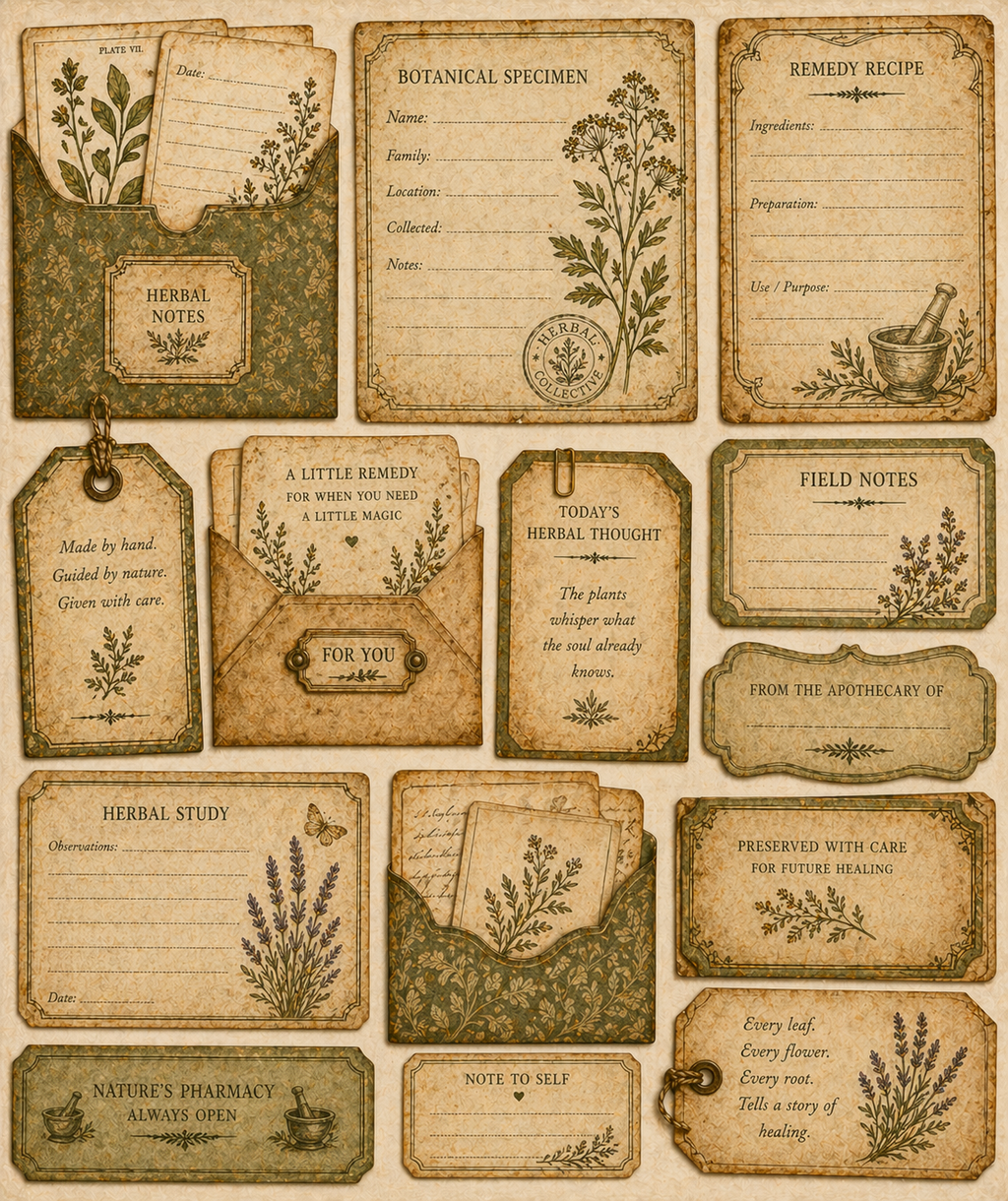 Herbal Apothecary Junk Journal Kit Printable A4, Vintage Botanical Journal Pages, Ephemera Tags Cards Pockets, Digital Download Studio Liljanna