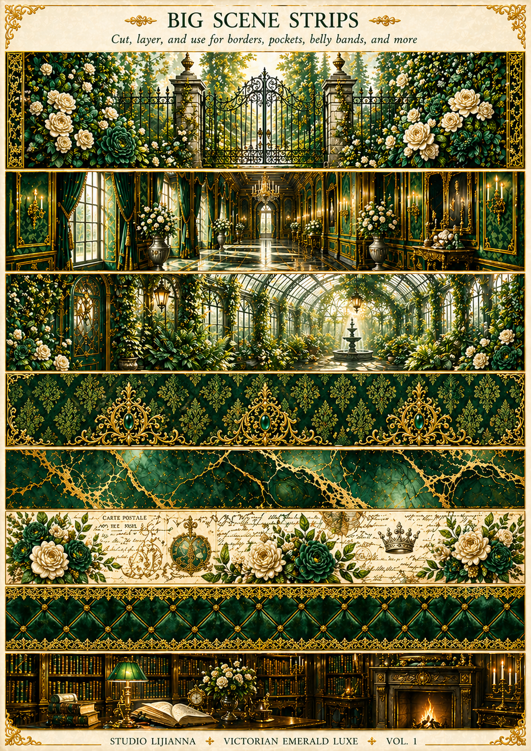 Victorian Emerald Luxe Junk Journal Kit Printable, Emerald Green Vintage Ephemera, Shabby Chic Journal Pages, Digital Download, Studio Liljanna