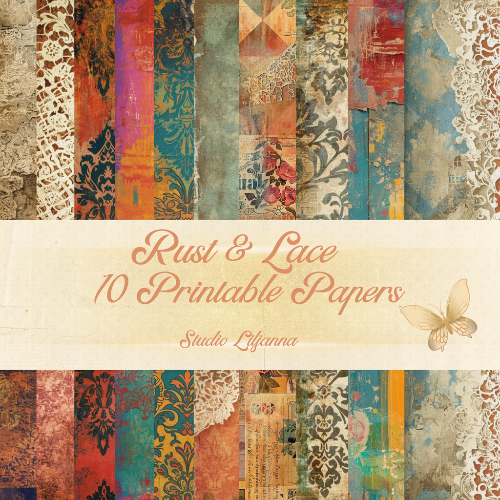 Rust & Lace Vintage Backing Papers | Junk Journal Printable Kit | Grunge Lace Scrapbook Paper | A4 Digital Download | 10 Designs