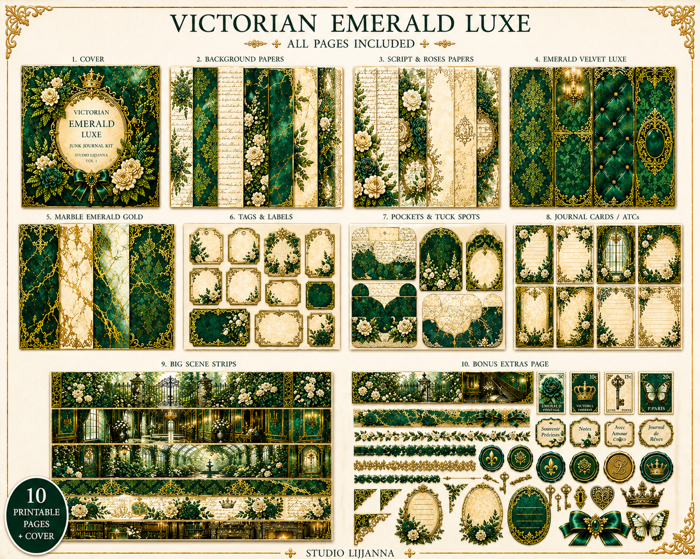 Victorian Emerald Luxe Junk Journal Kit Printable, Emerald Green Vintage Ephemera, Shabby Chic Journal Pages, Digital Download, Studio Liljanna