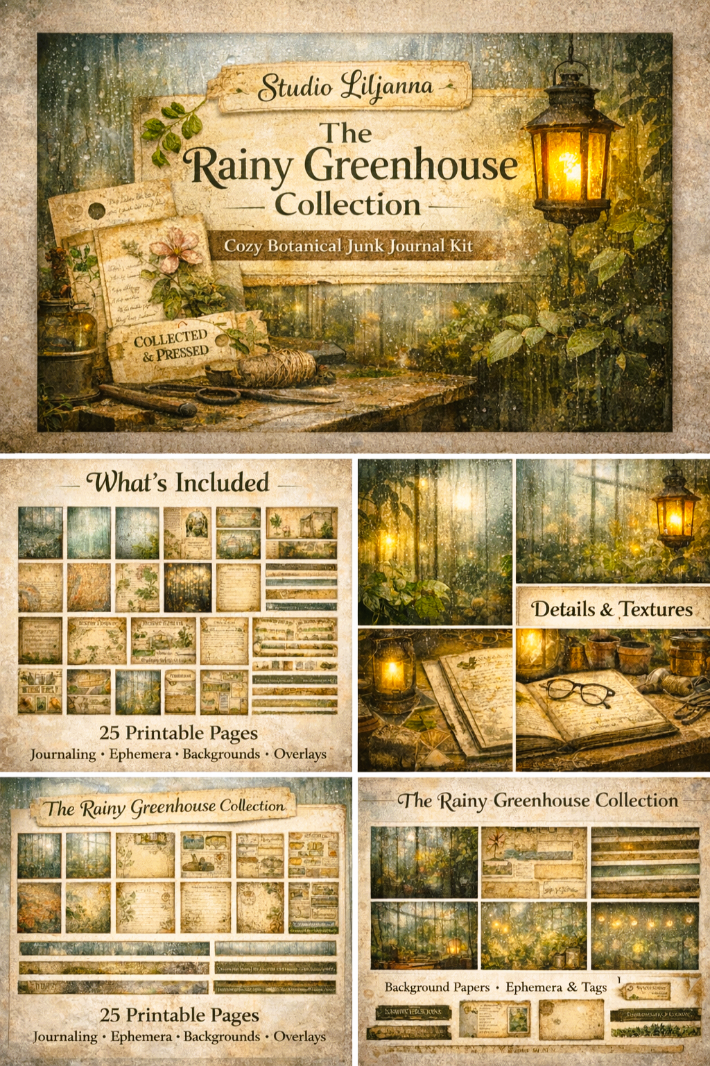 Rainy Greenhouse Junk Journal Kit | Vintage Botanical Printable | Cozy Scrapbook Ephemera | Nature Journal Pages | Cottagecore Kit