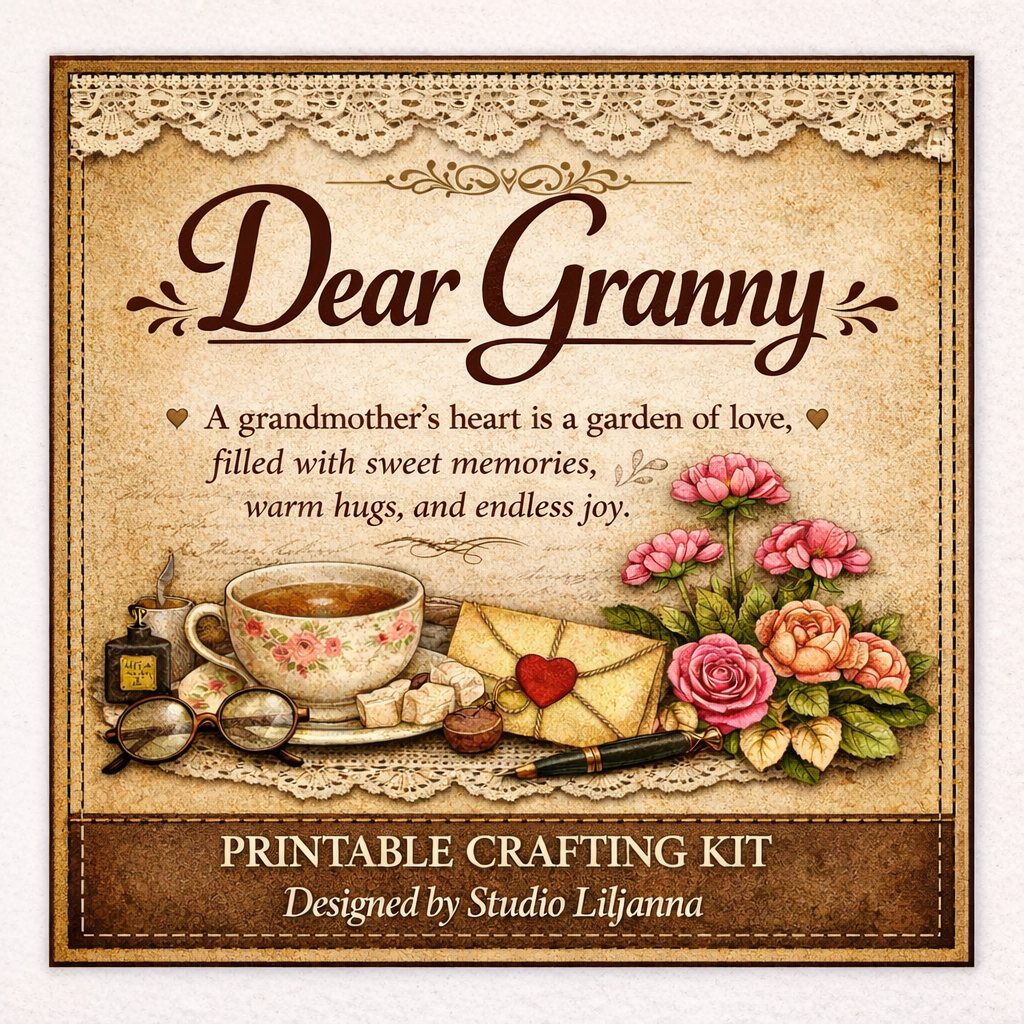 Dear Granny Junk Journal Kit – Vintage Printable Ephemera, Shabby Chic Floral Journal Pages, Cozy Scrapbooking Kit, 29 Pages
