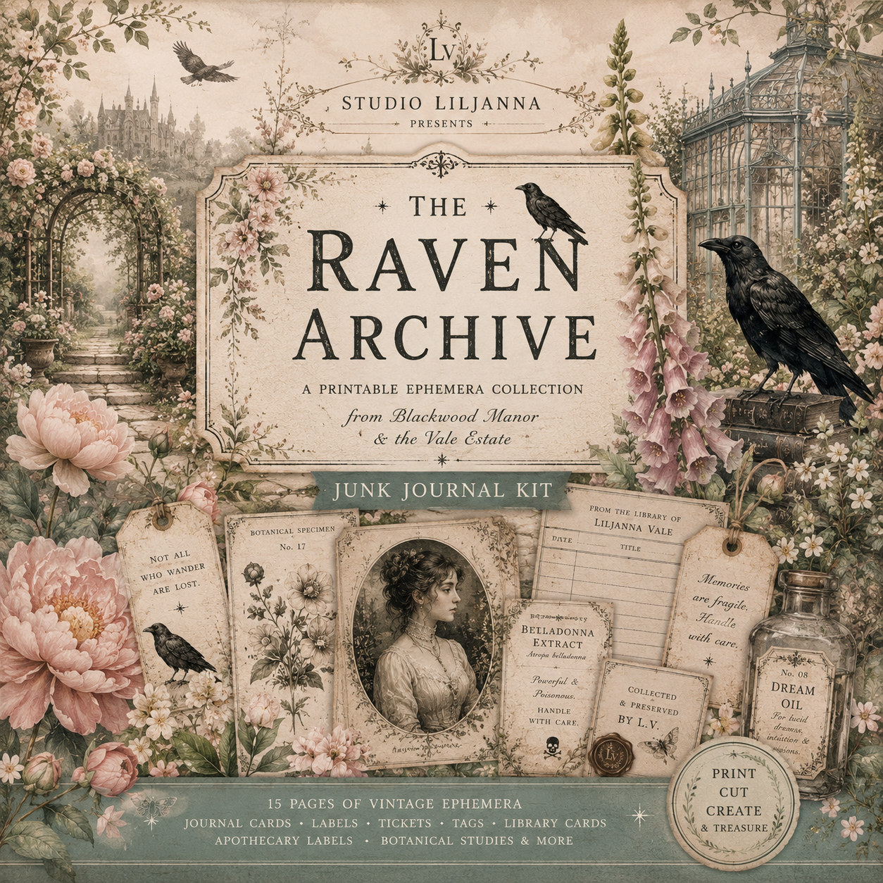 The Raven Archive Printable Junk Journal Kit | Dark Academia Ephemera | Victorian Gothic Journal Pages | Black & White Printable Set