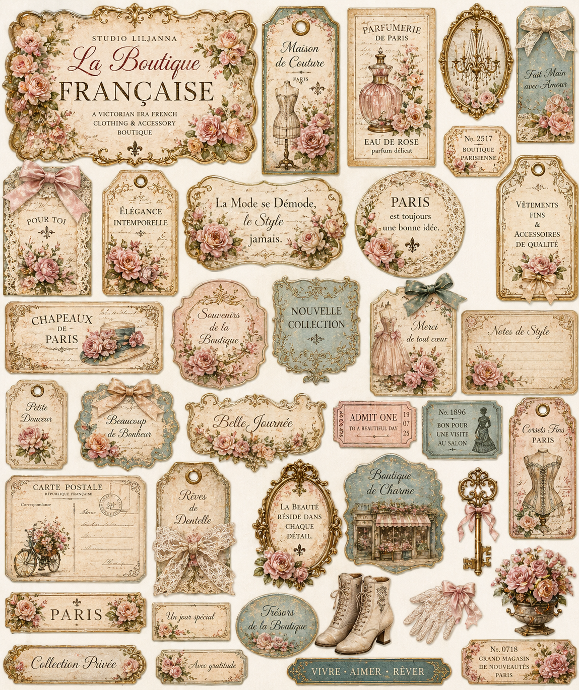 La Boutique Française Printable Junk Journal Kit, French Victorian Ephemera, Vintage Fashion Journal Pages, A4 Digital Download