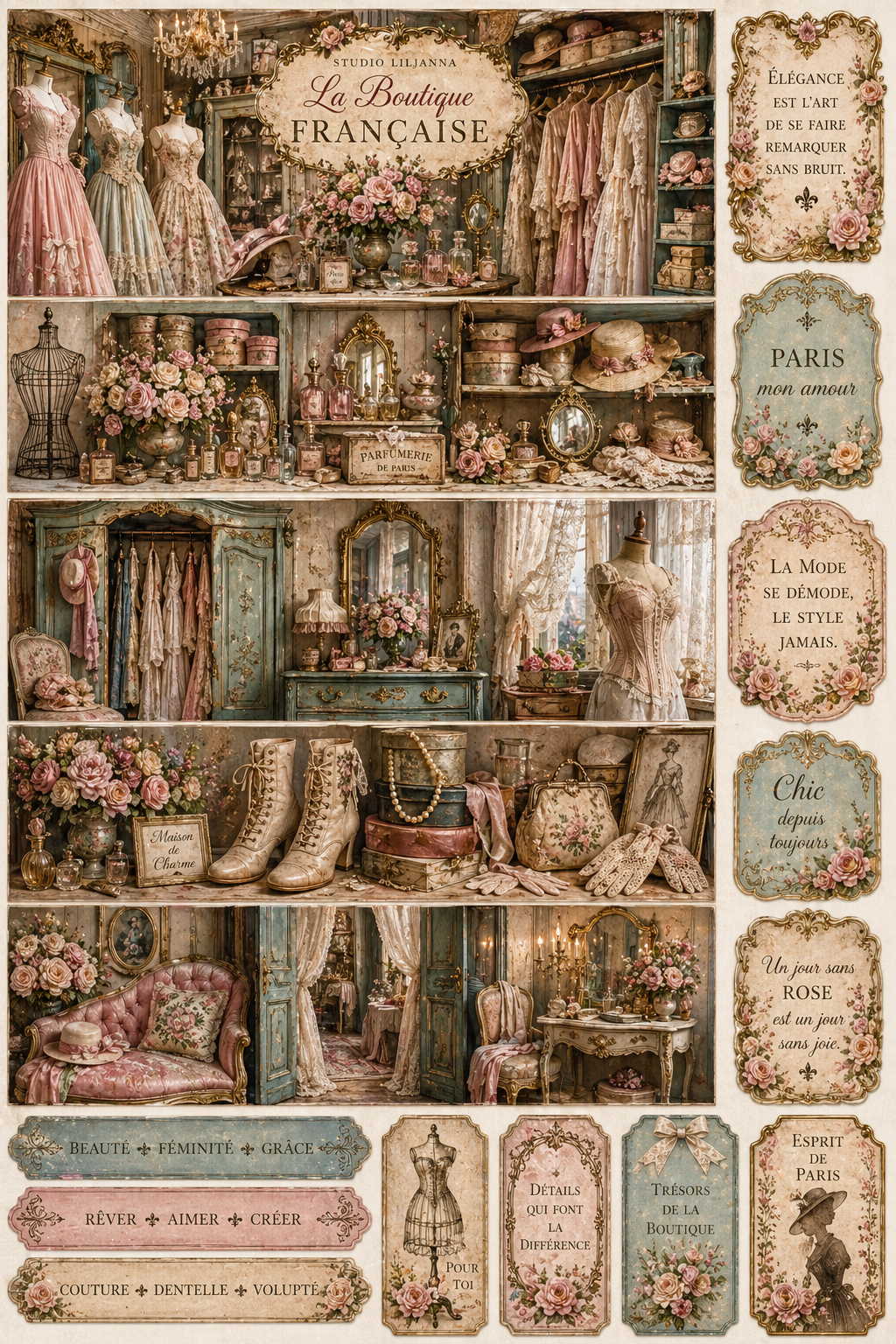 La Boutique Française Printable Junk Journal Kit, French Victorian Ephemera, Vintage Fashion Journal Pages, A4 Digital Download