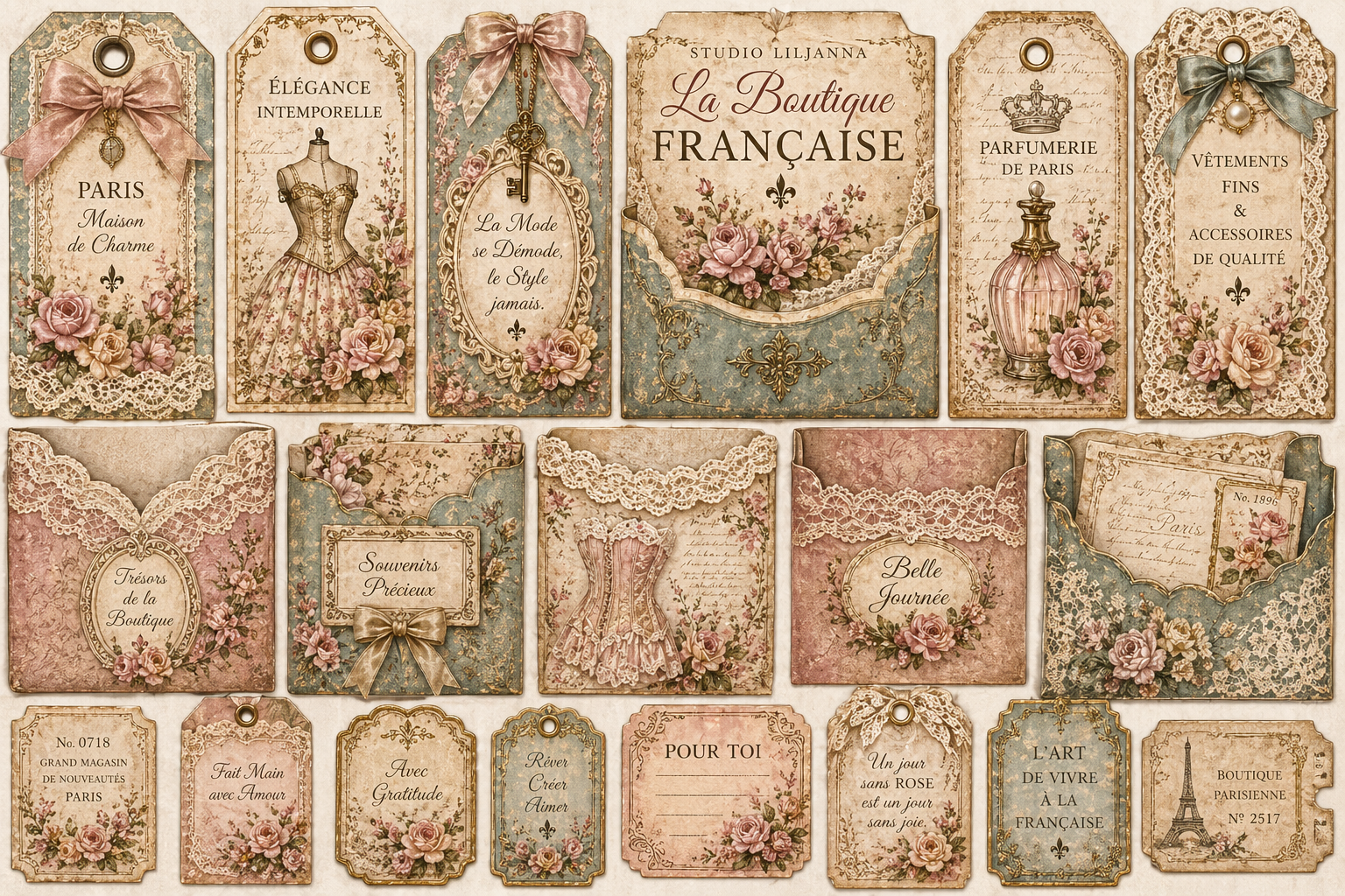 La Boutique Française Printable Junk Journal Kit, French Victorian Ephemera, Vintage Fashion Journal Pages, A4 Digital Download