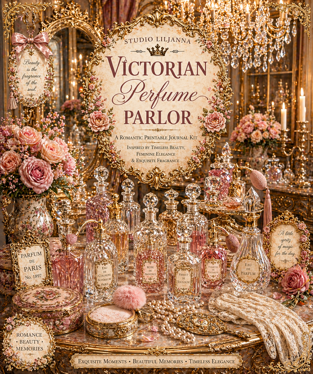 Victorian Perfume Parlor Printable Junk Journal Kit, Pink Vintage Ephemera, Perfume Bottle Journal Pages, A4 Digital Download, Mini-Kit