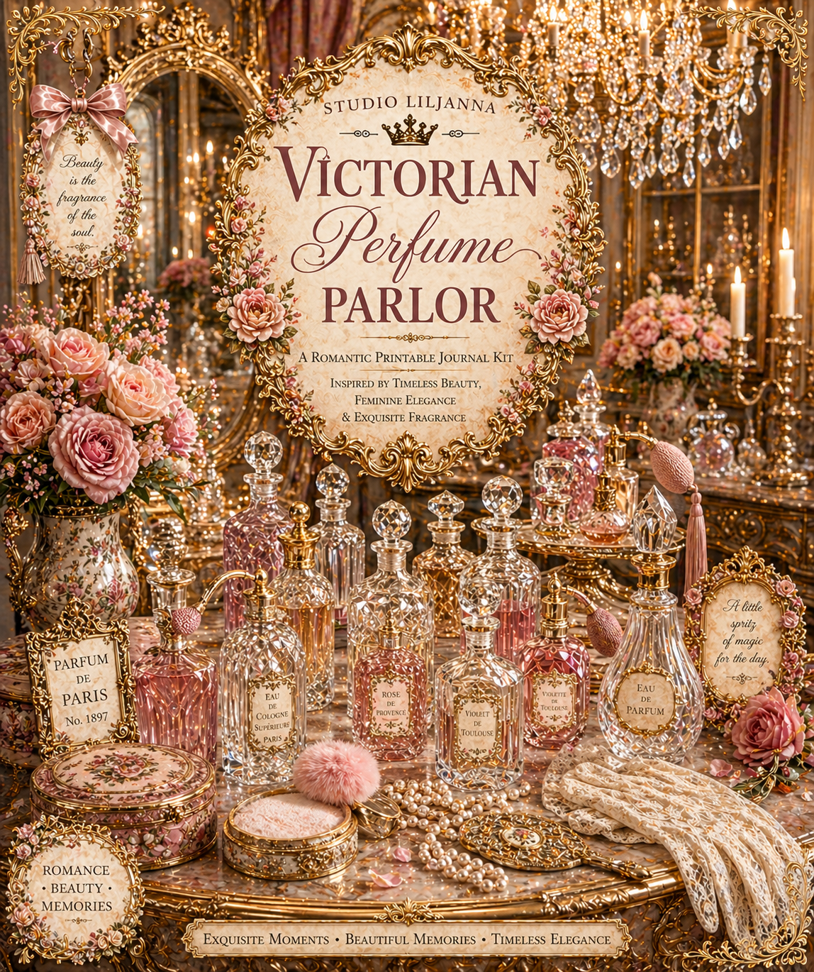 Victorian Perfume Parlor Printable Junk Journal Kit, Pink Vintage Ephemera, Perfume Bottle Journal Pages, A4 Digital Download, Mini-Kit