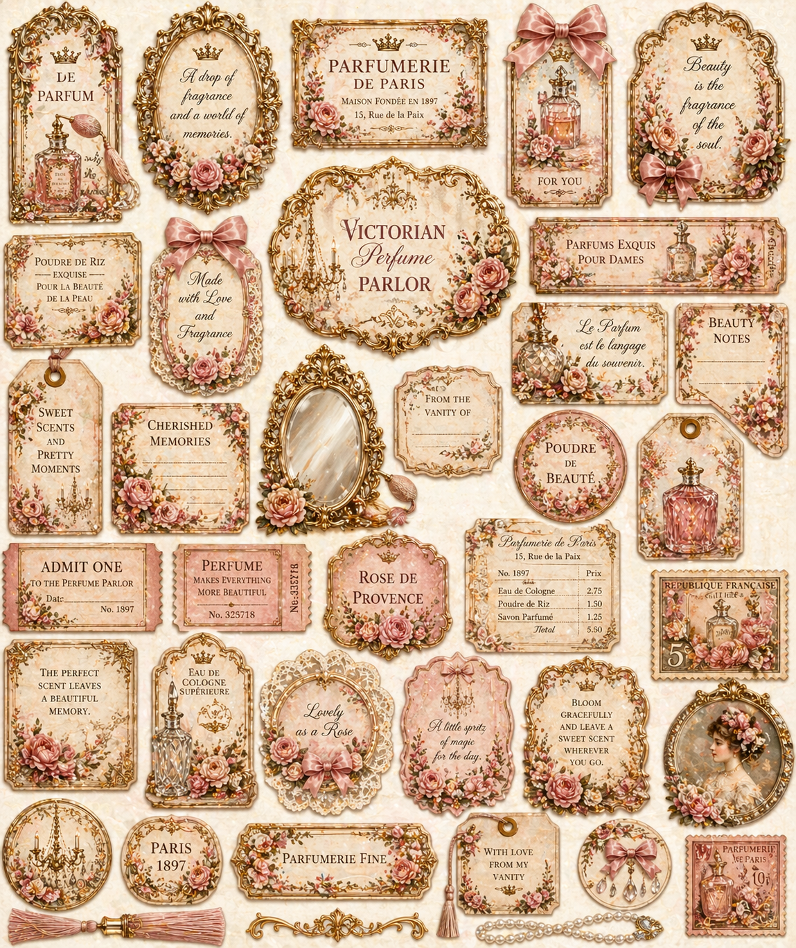 Victorian Perfume Parlor Printable Junk Journal Kit, Pink Vintage Ephemera, Perfume Bottle Journal Pages, A4 Digital Download, Mini-Kit