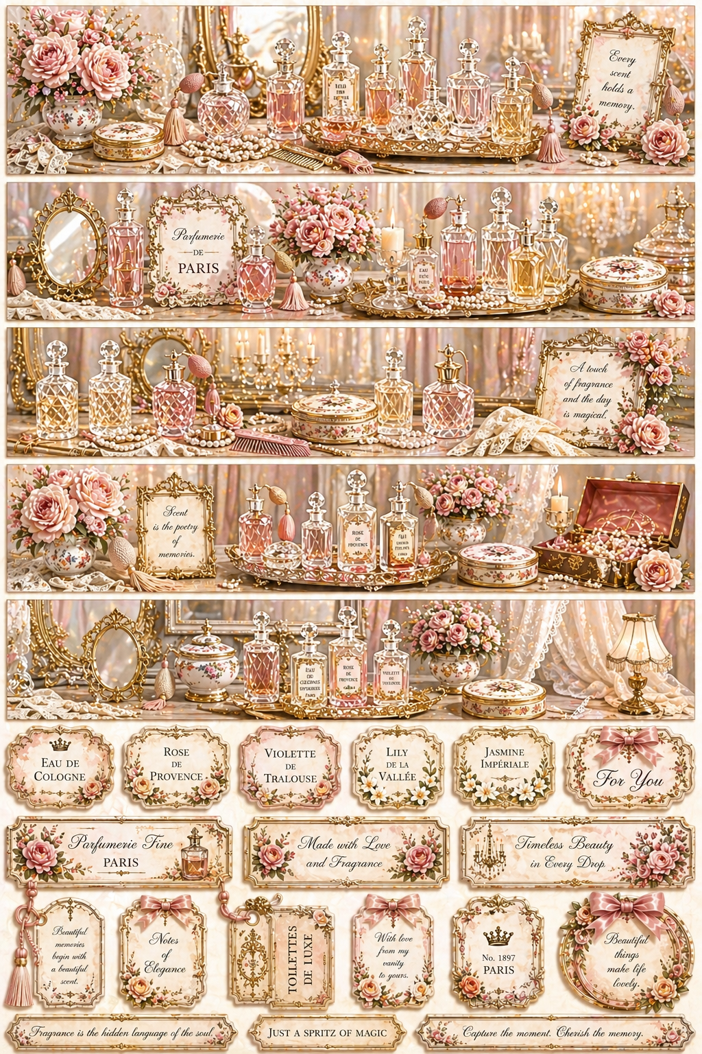 Victorian Perfume Parlor Printable Junk Journal Kit, Pink Vintage Ephemera, Perfume Bottle Journal Pages, A4 Digital Download, Mini-Kit
