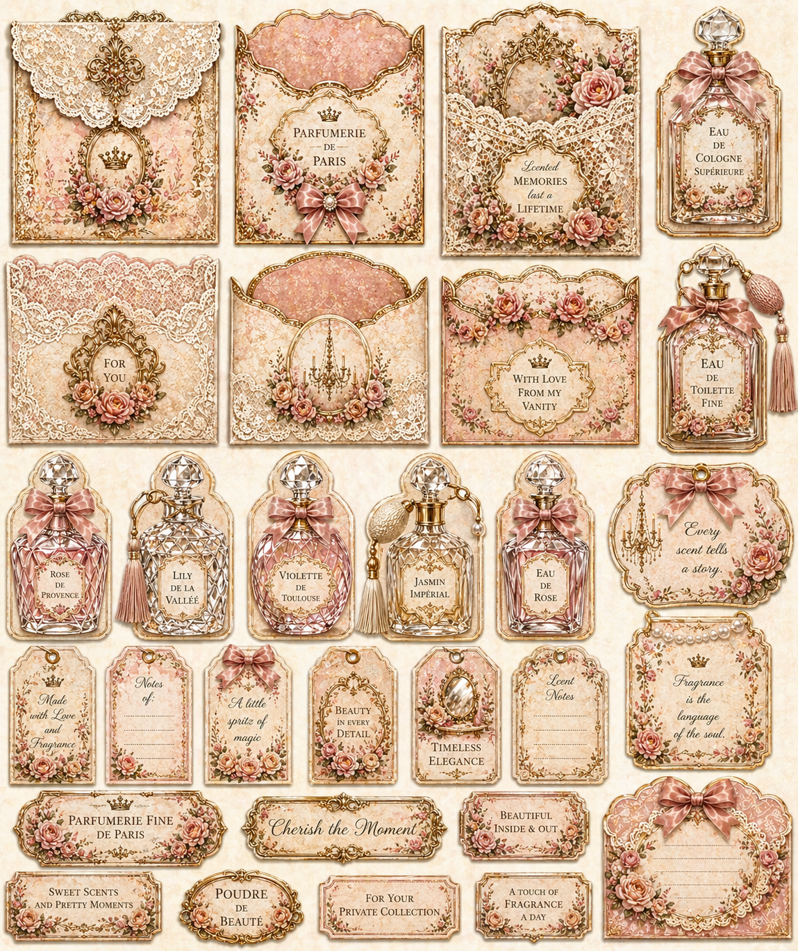 Victorian Perfume Parlor Printable Junk Journal Kit, Pink Vintage Ephemera, Perfume Bottle Journal Pages, A4 Digital Download, Mini-Kit