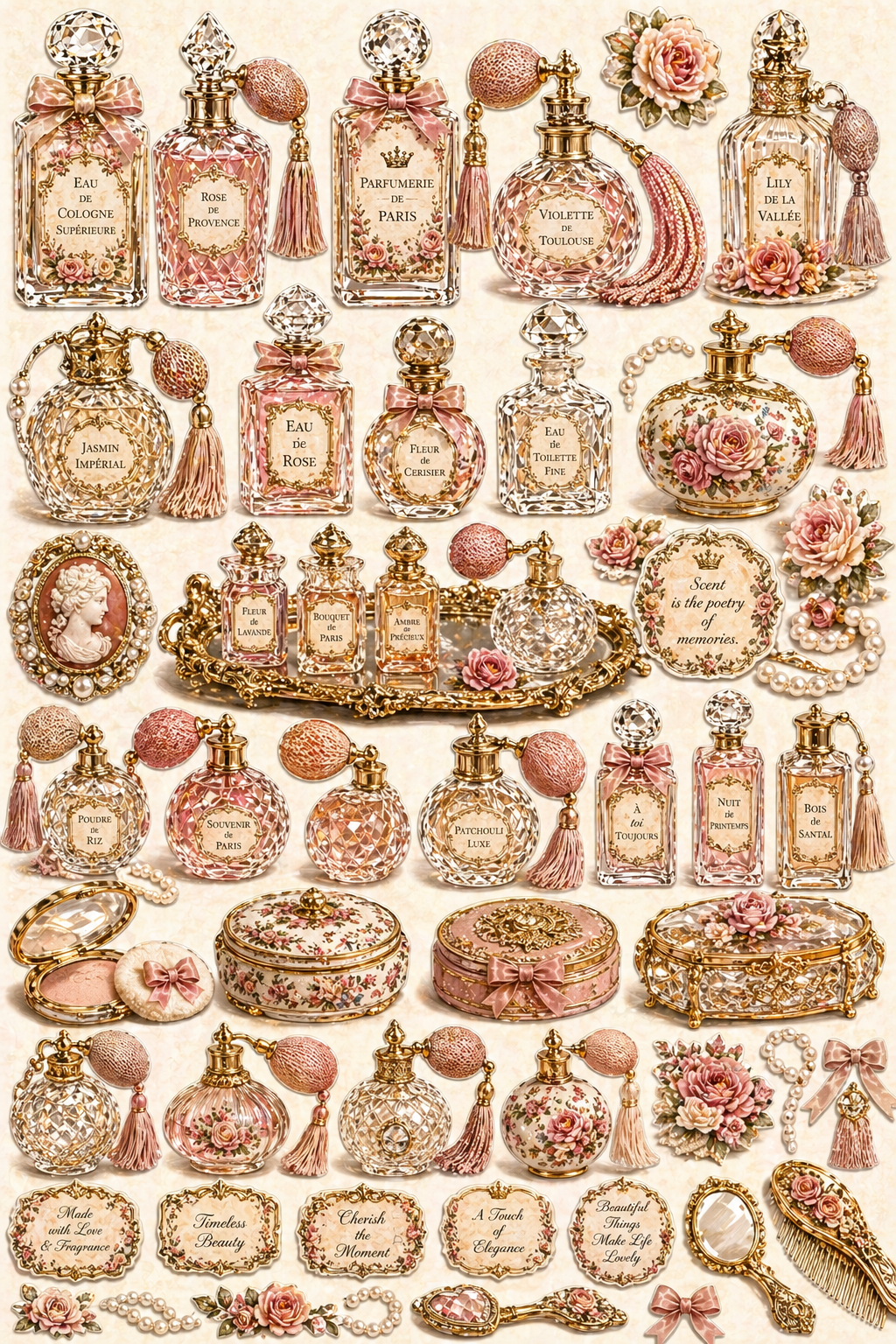 Victorian Perfume Parlor Printable Junk Journal Kit, Pink Vintage Ephemera, Perfume Bottle Journal Pages, A4 Digital Download, Mini-Kit