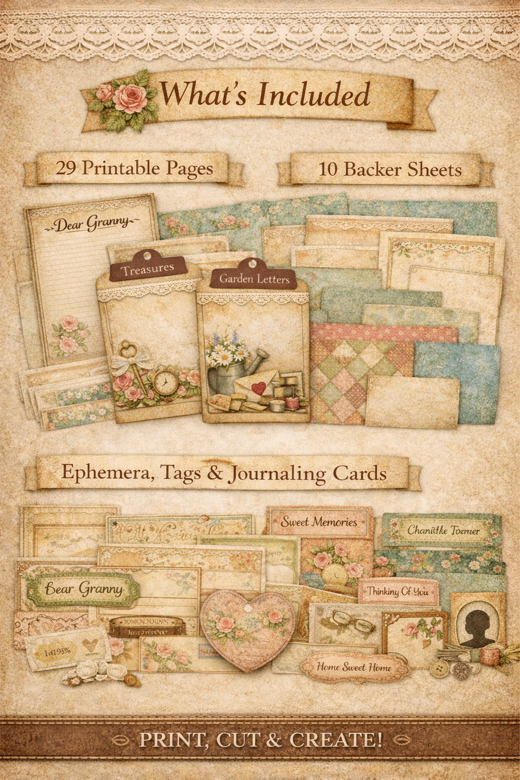 Dear Granny Junk Journal Kit – Vintage Printable Ephemera, Shabby Chic Floral Journal Pages, Cozy Scrapbooking Kit, 29 Pages