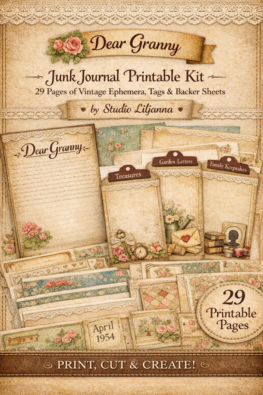 Dear Granny Junk Journal Kit – Vintage Printable Ephemera, Shabby Chic Floral Journal Pages, Cozy Scrapbooking Kit, 29 Pages