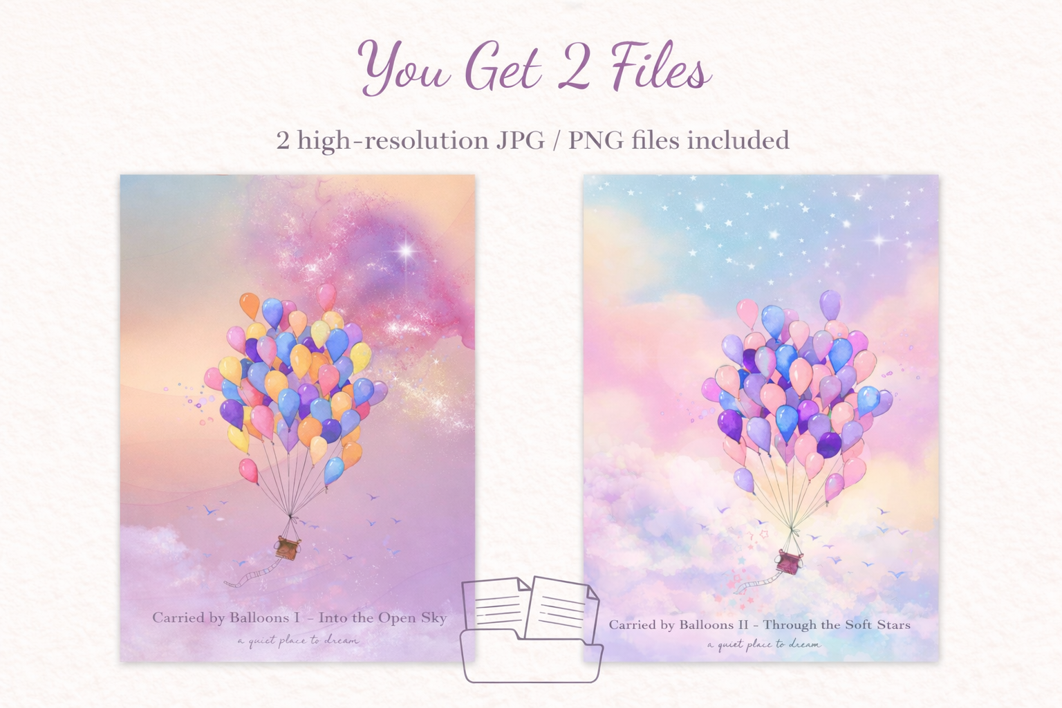 Carried by Balloons I & II – Dreamy Sky Printable Bundle | Pastel & Vibrant Balloon Art | Junk Journal Pages | Whimsical Digital Download