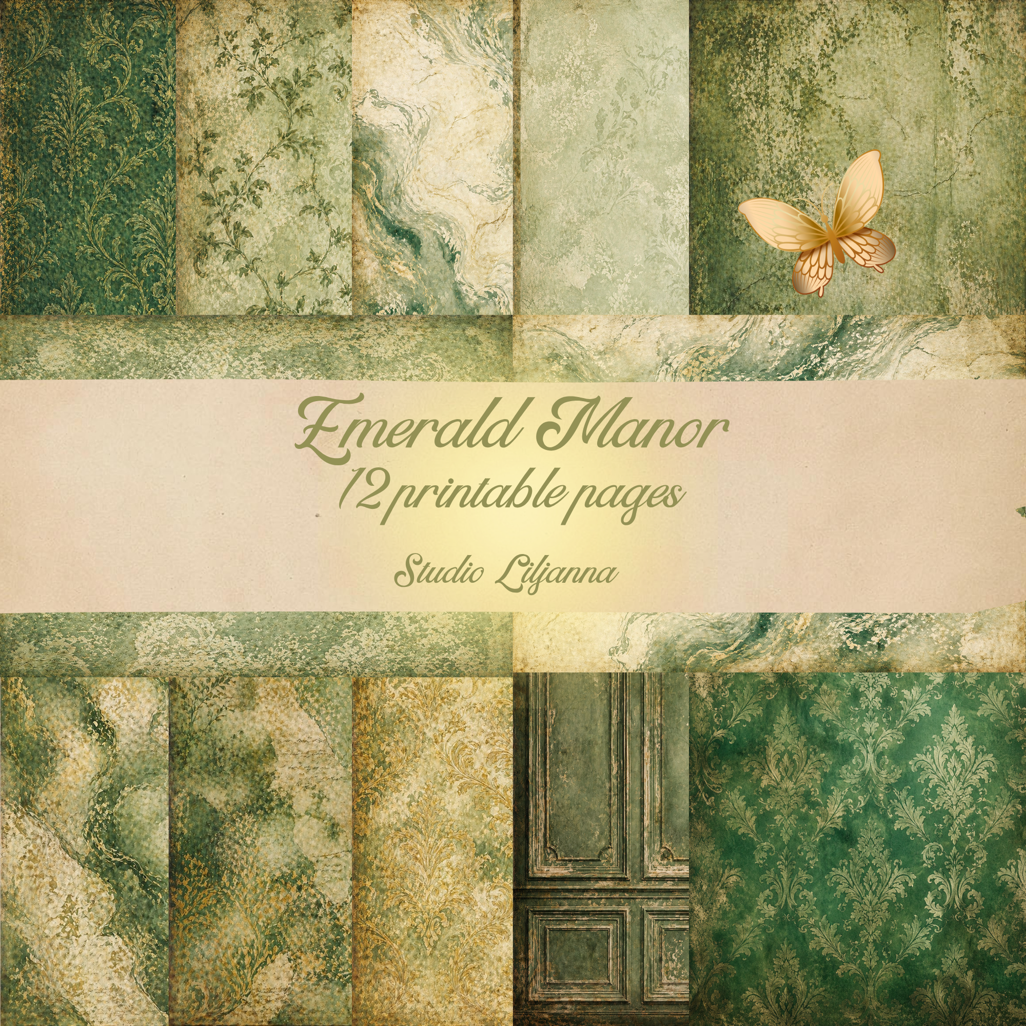 Emerald Manor – Printable Junk Journal Backing Papers | Vintage Green & Gold Digital Paper Pack | Shabby Chic Scrapbook Backgrounds