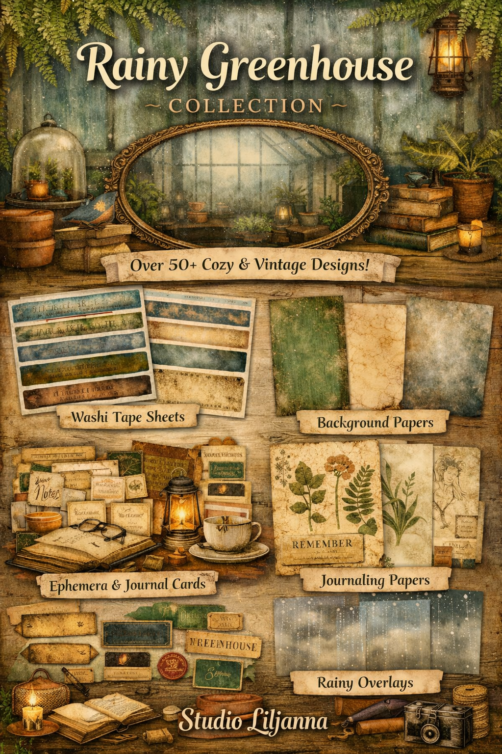 Rainy Greenhouse Junk Journal Kit | Vintage Botanical Printable | Cozy Scrapbook Ephemera | Nature Journal Pages | Cottagecore Kit