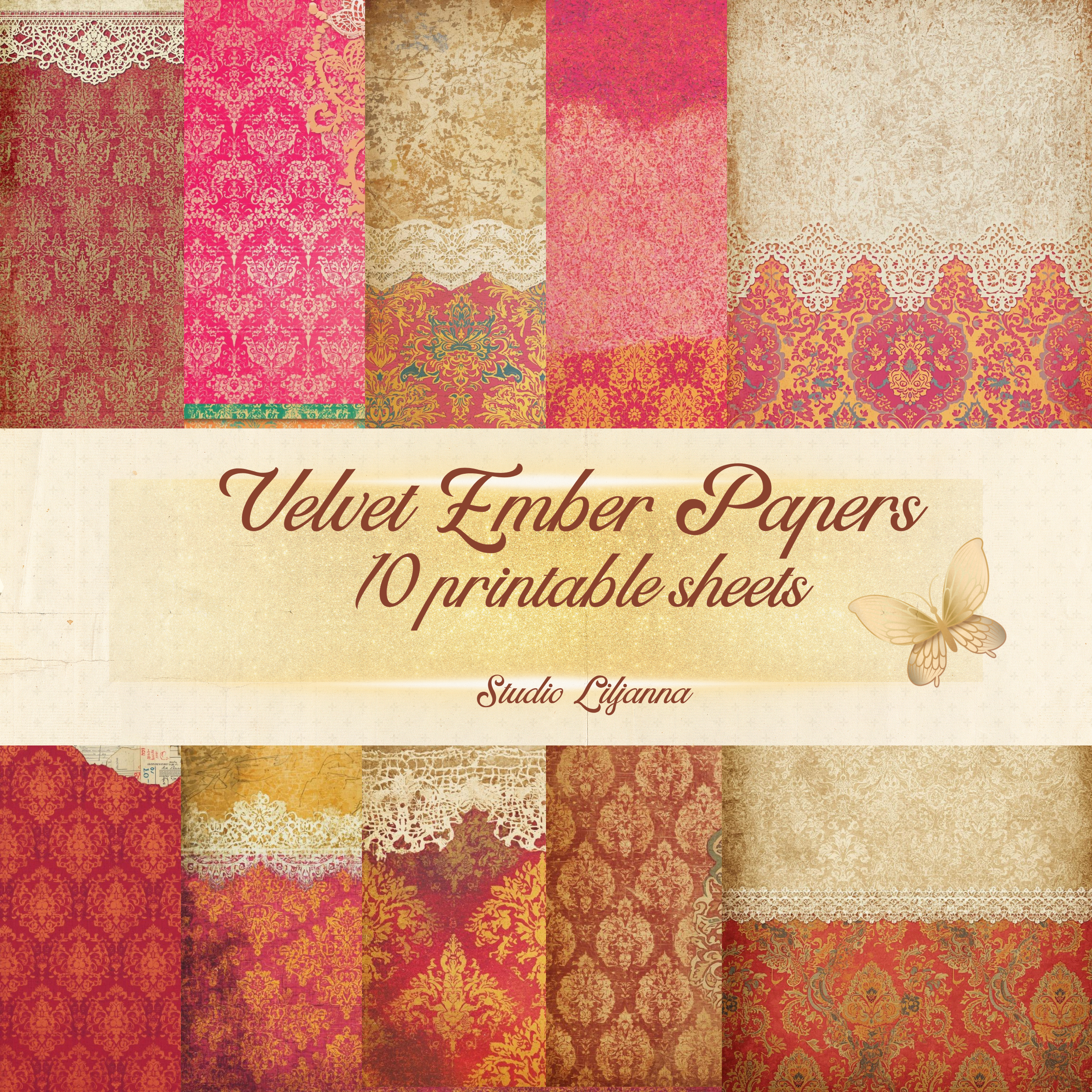 Velvet Ember Papers – Vintage Lace & Damask Backgrounds | Bold Junk Journal Papers | Printable Scrapbook Paper Pack